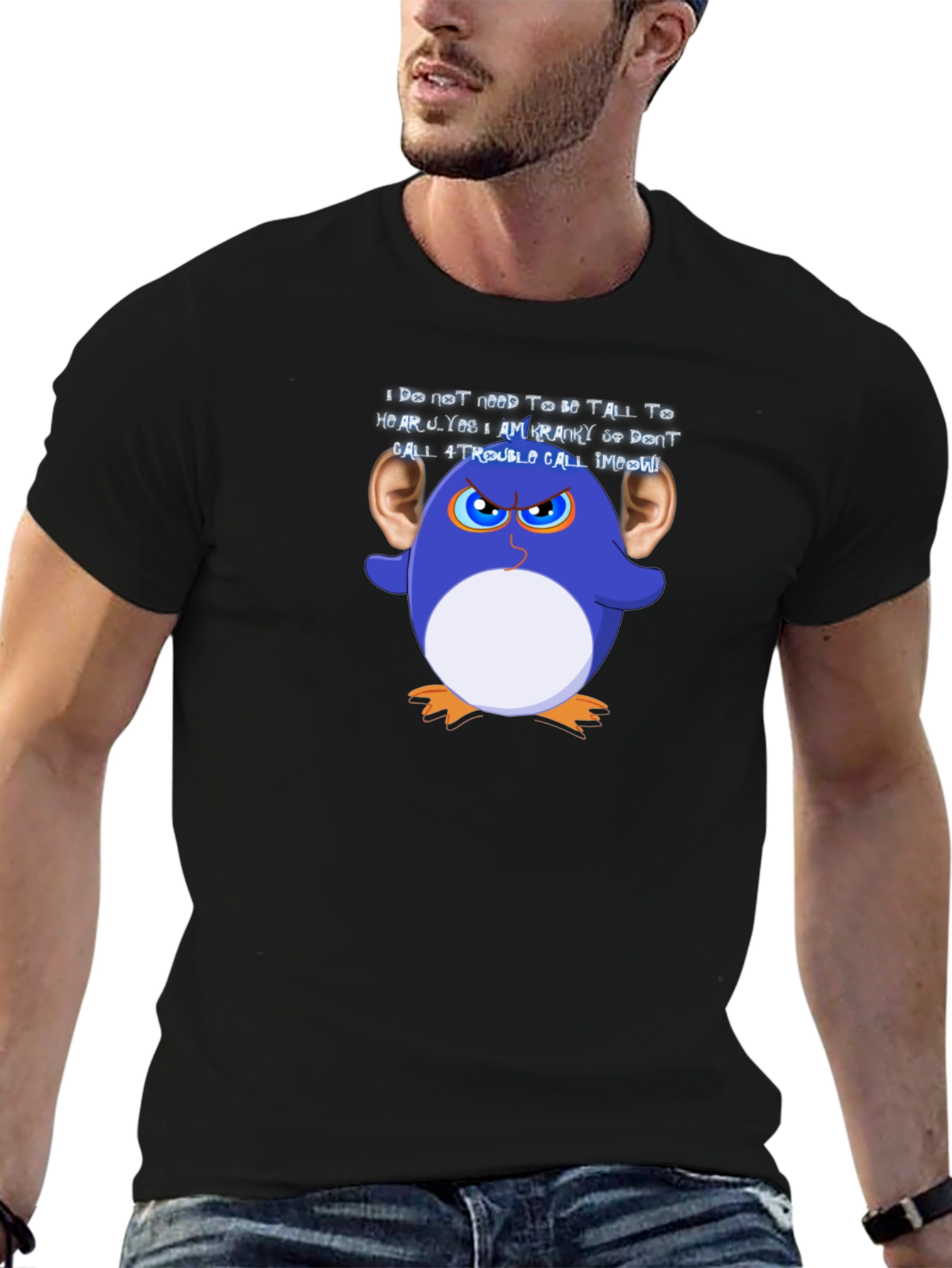 Black Funny Graphic T-Shirt: Cranky Cartoon Penguin view 6