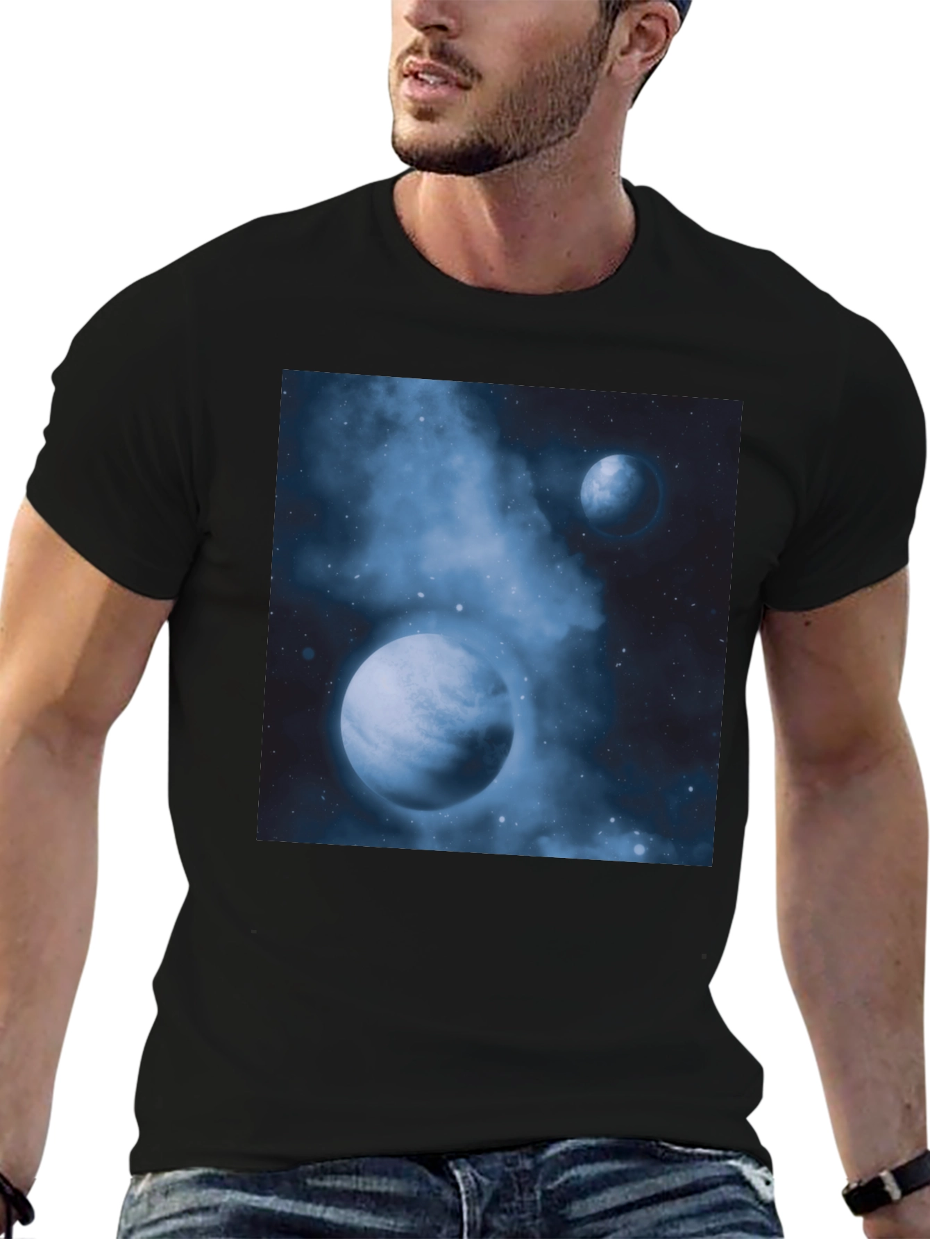 Black Nebula Planets Graphic Tee - Cosmic Black Cotton T-Shirt view 6