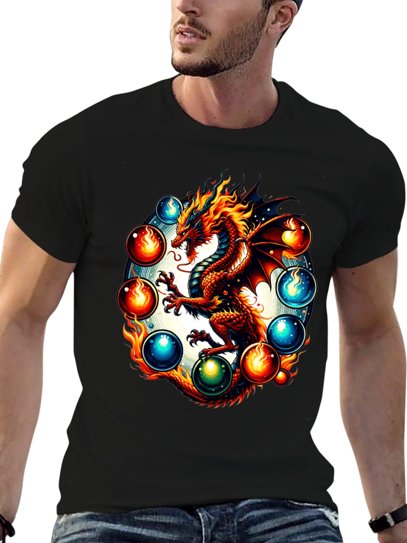 Black Dragon Orb Graphic Tee - Fire & Ice Fantasy T-Shirt view 6
