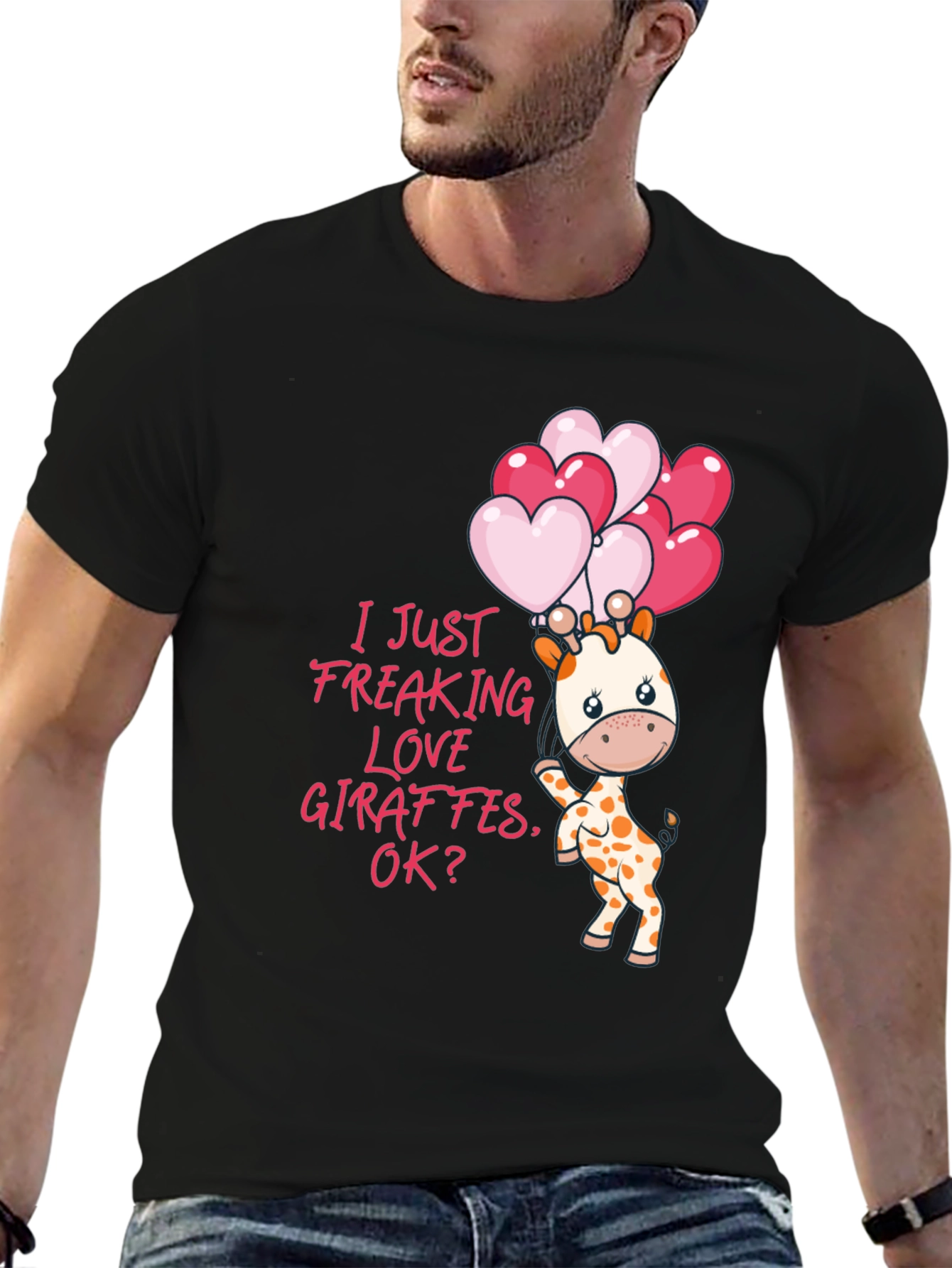 Black Cute Giraffe & Heart Balloons Graphic Tee view 6