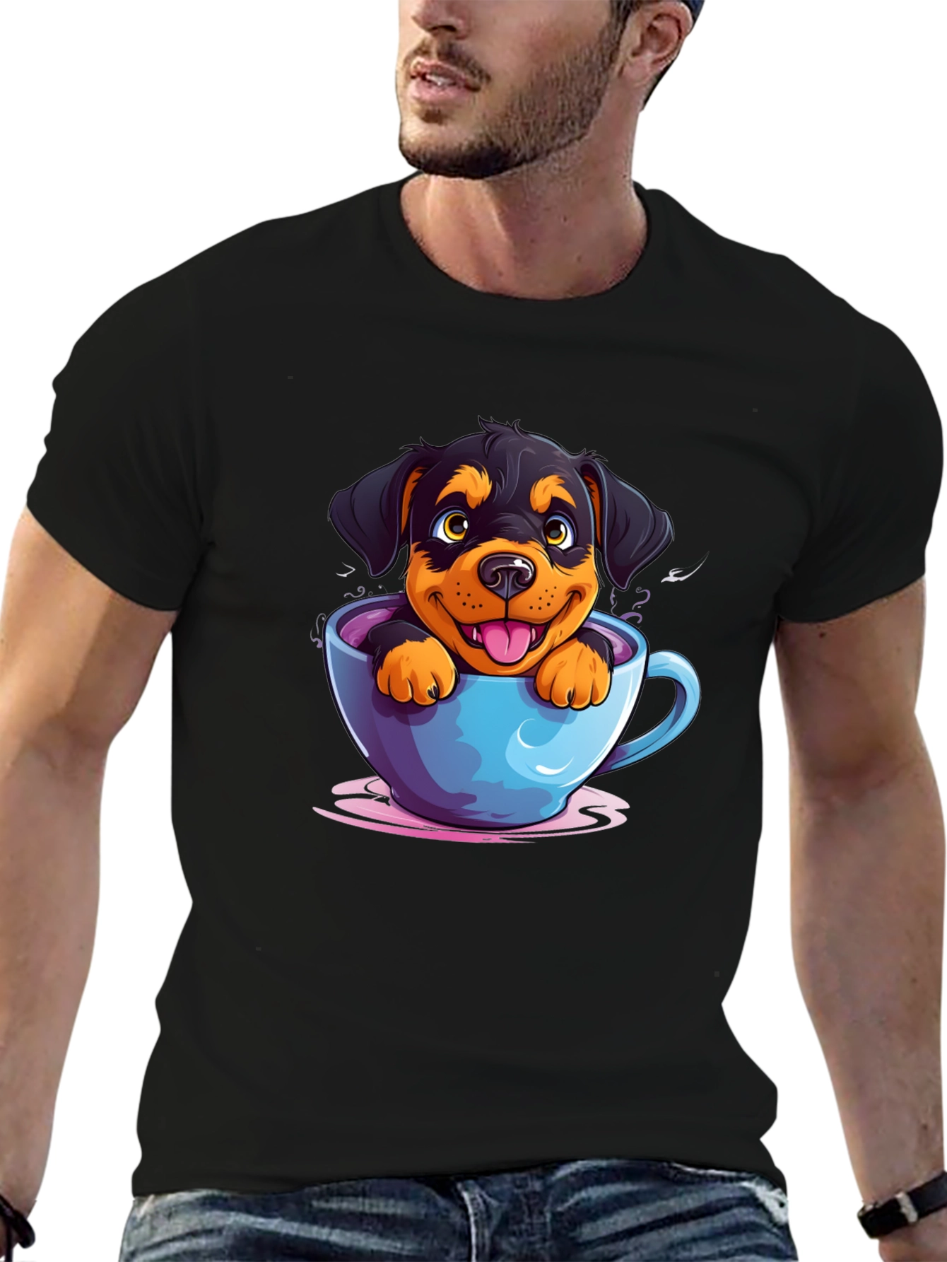Black Cute Dog in Cup T-Shirt - Cartoon Rottweiler view 6