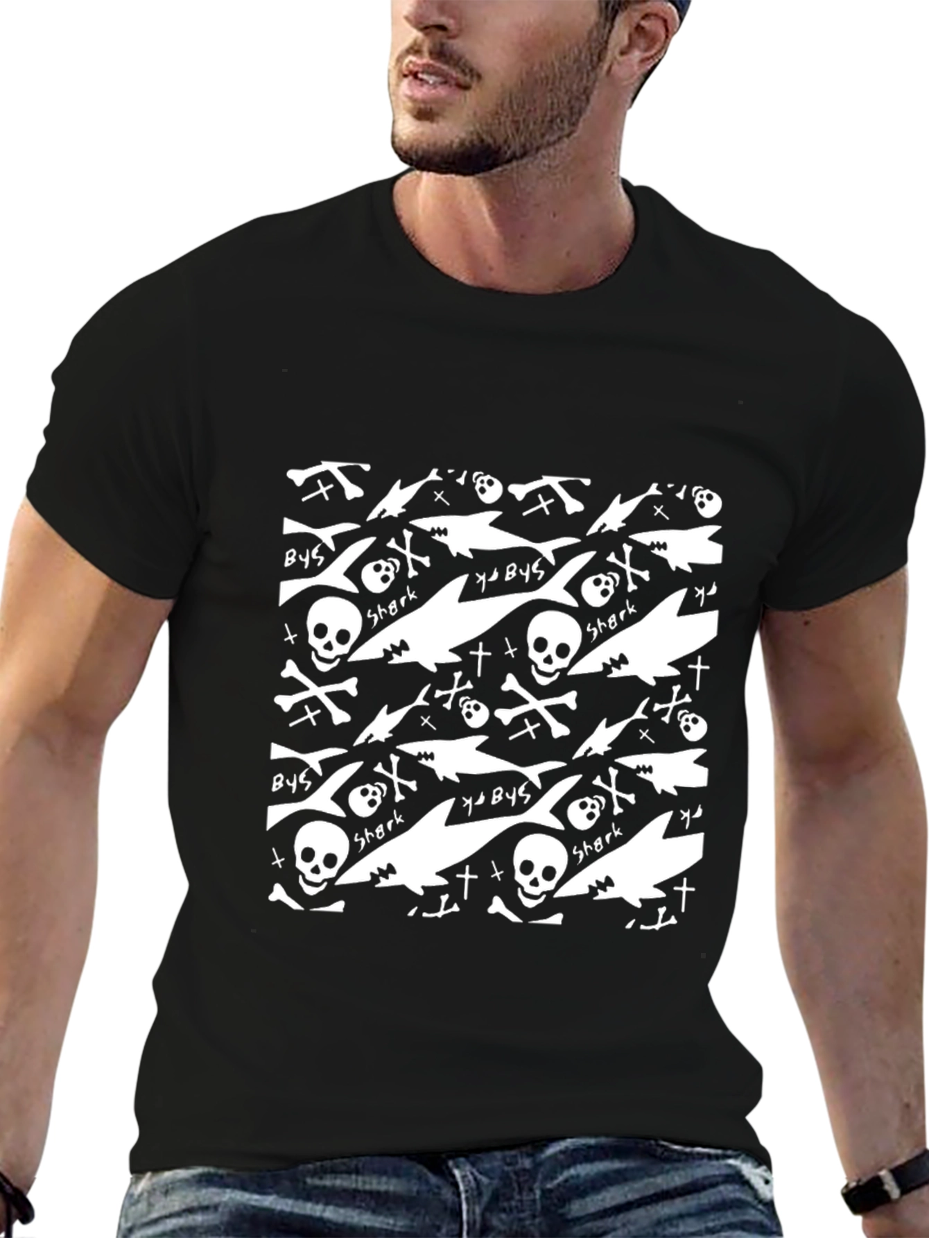 Black Shark Skull Print Black T-Shirt view 6