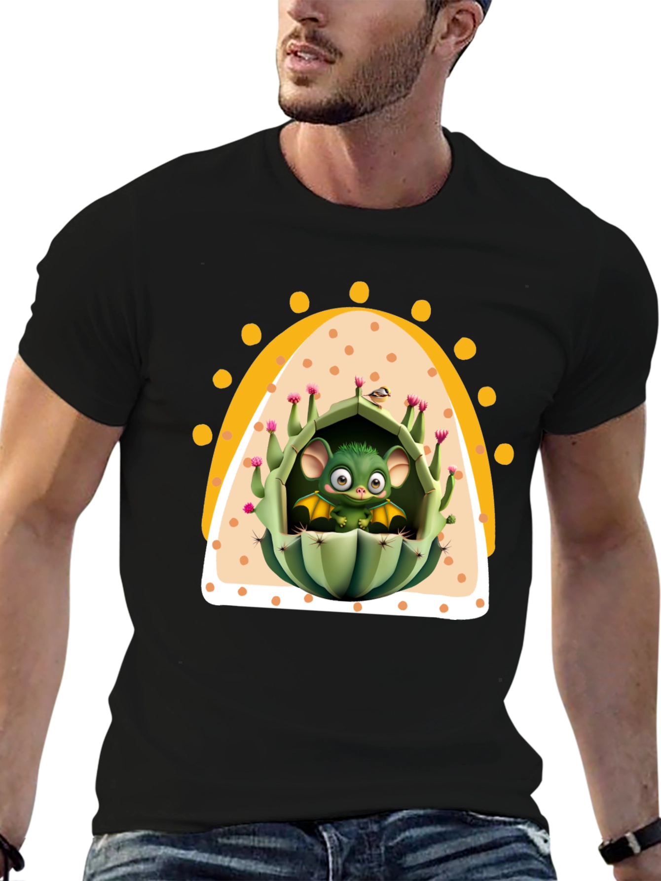 Black Cute Cactus Bat T-Shirt - Unique Graphic Tee view 6