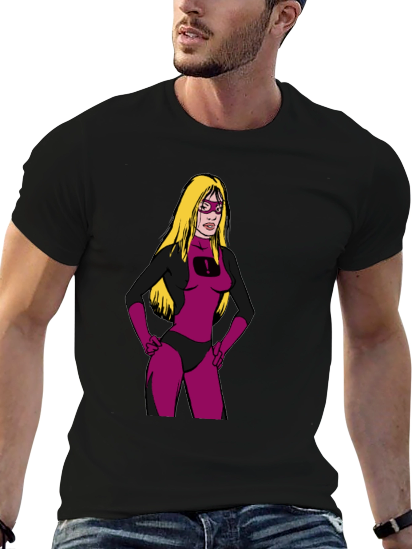Black Cartoon Superheroine on Black T-Shirt view 6