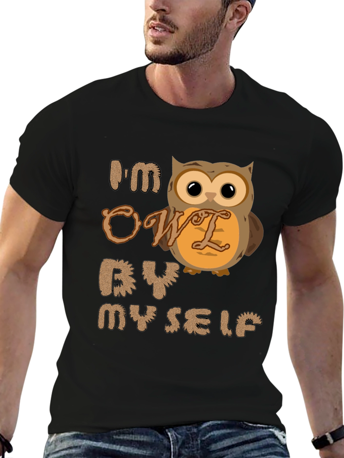 Black I'm Owl By Myself T-Shirt - Funny Novelty Tee view 6