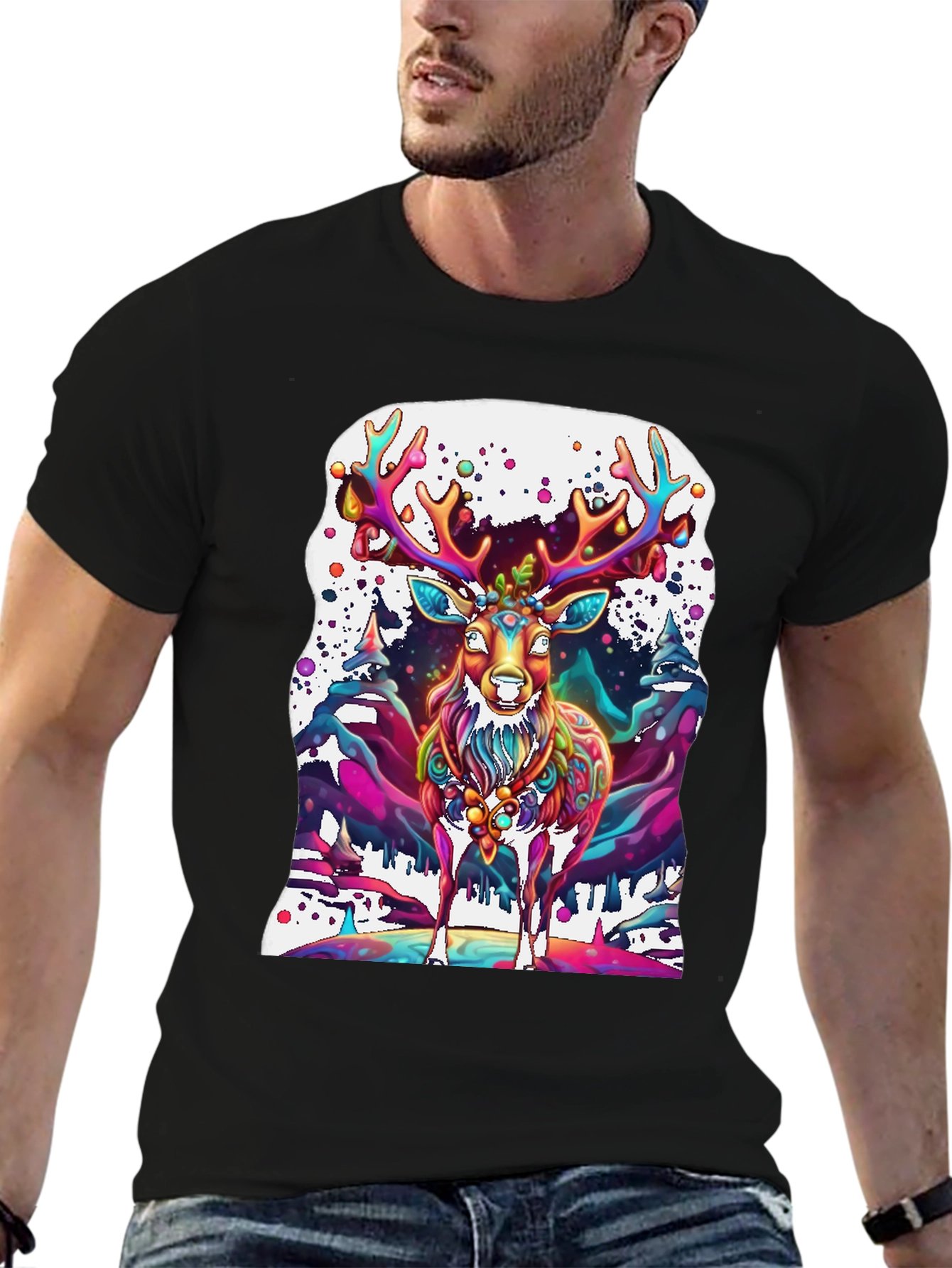 Black Psychedelic Deer Graphic Tee - Vivid Colorful Print view 6