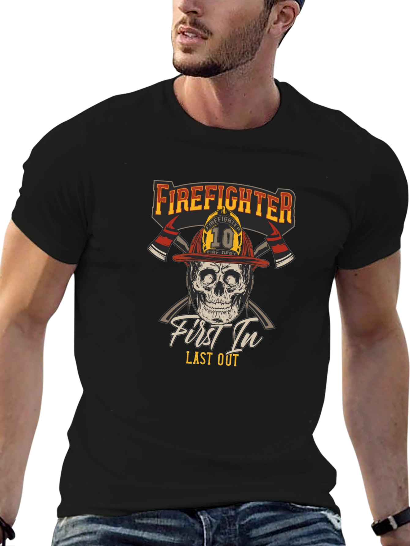 Black Firefighter Skull T-Shirt - First In Last Out Graphic Tee view 6