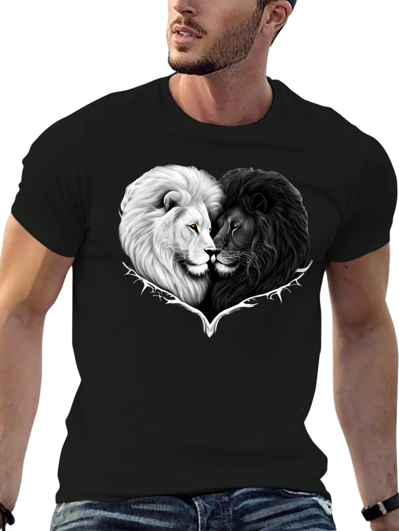 Black Yin Yang Lions Heart Graphic Tee - Black view 6