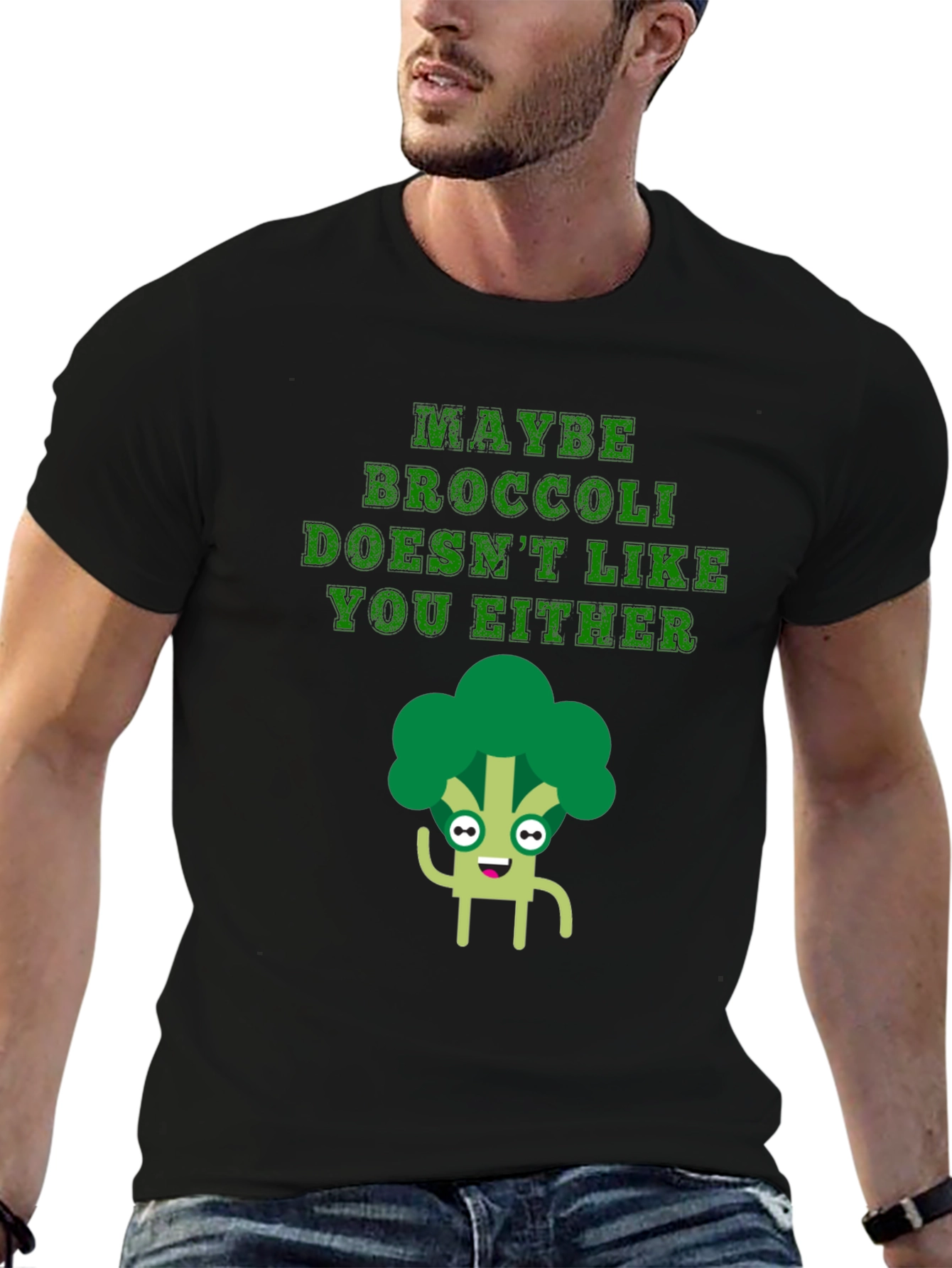 Black Funny Broccoli T-Shirt - Maybe Broccoli Doesn't Like You Either view 6