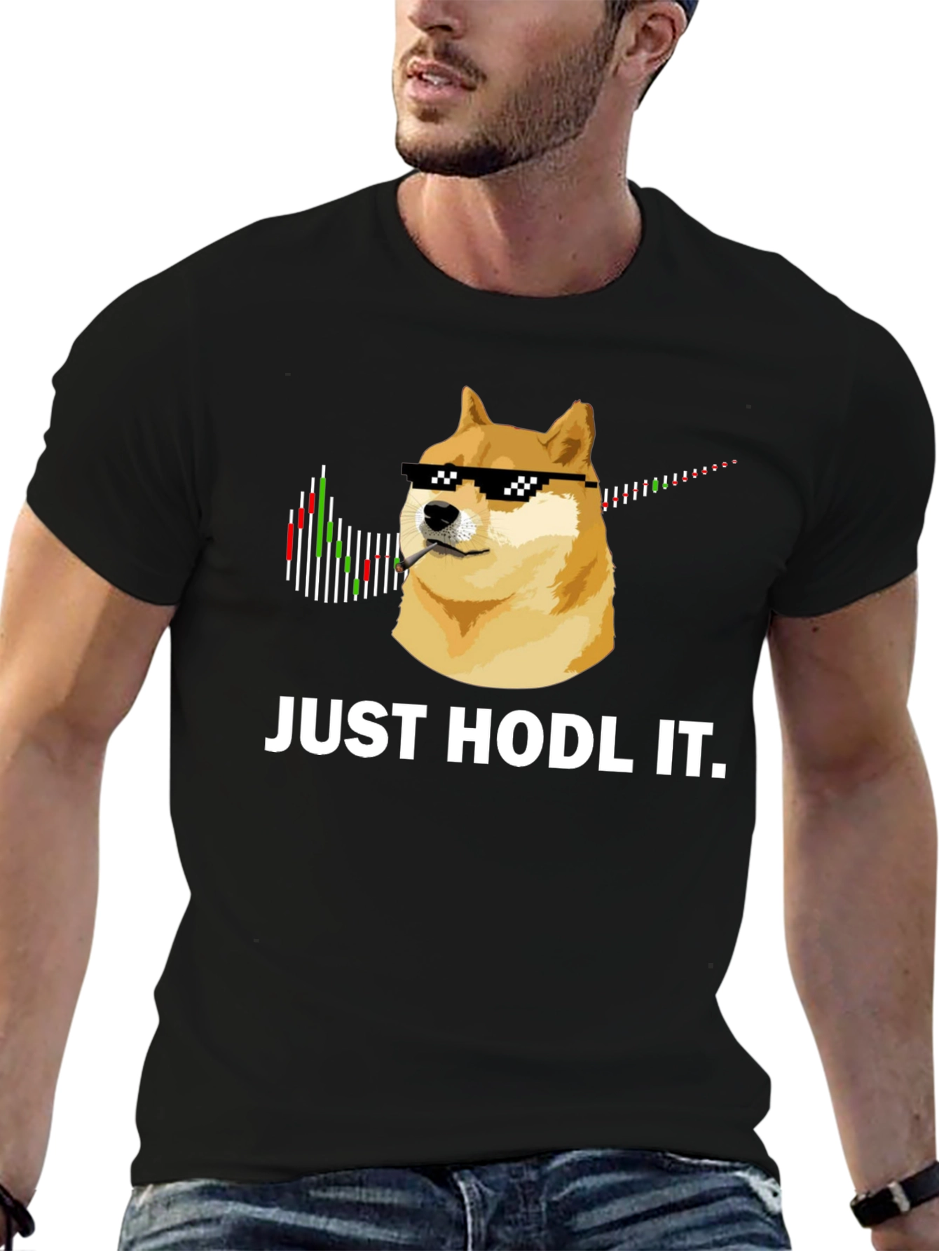 Black Just Hodl It T-Shirt: Crypto Doge Meme Tee view 6