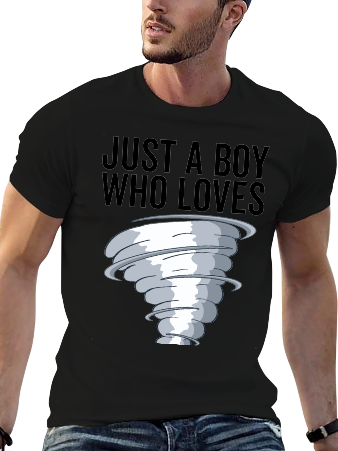 Black Boy Who Loves Tornado T-Shirt, Black Cotton Tee view 6