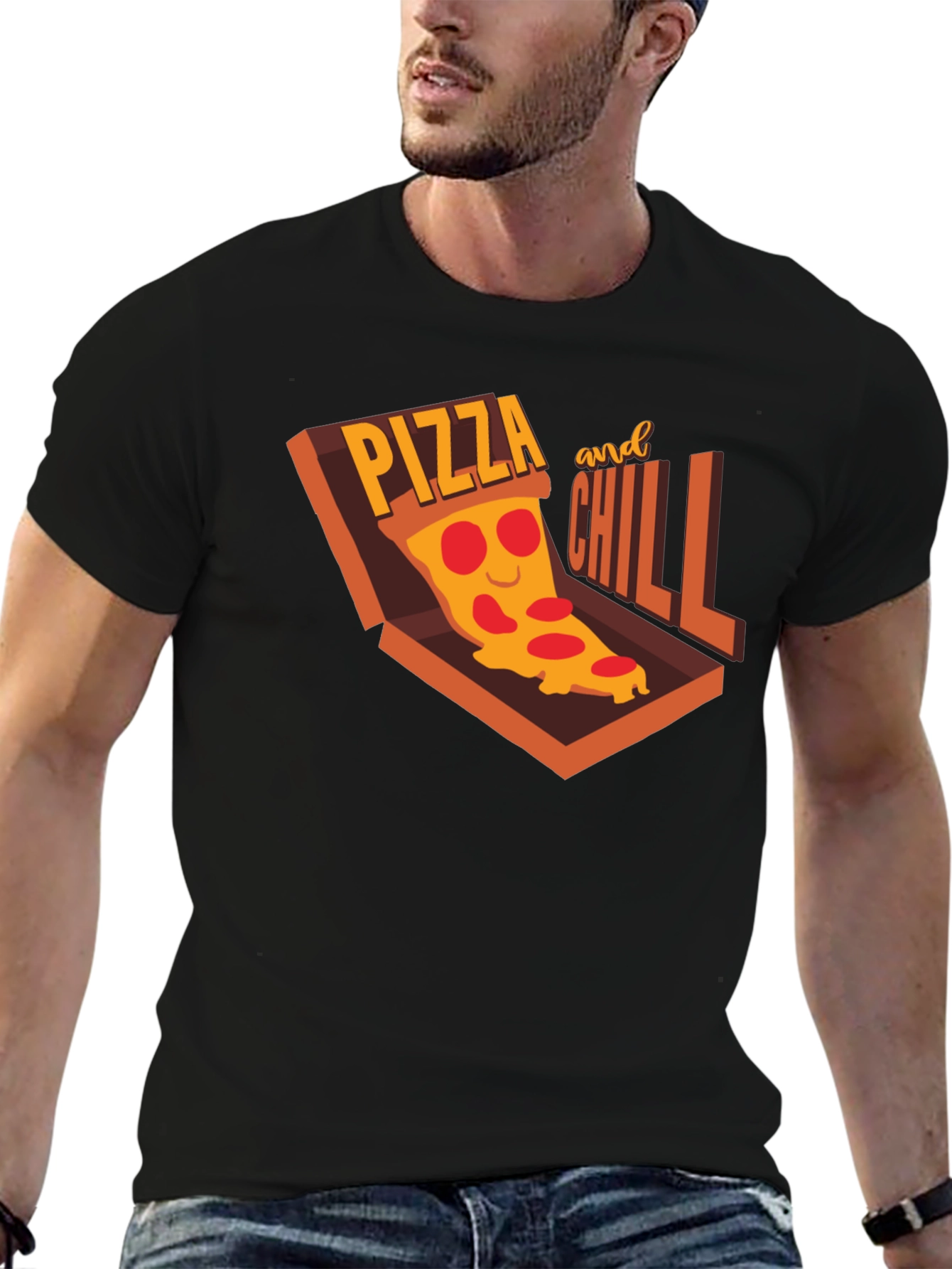 Black Pizza and Chill Graphic T-Shirt - Casual Comfort view 6