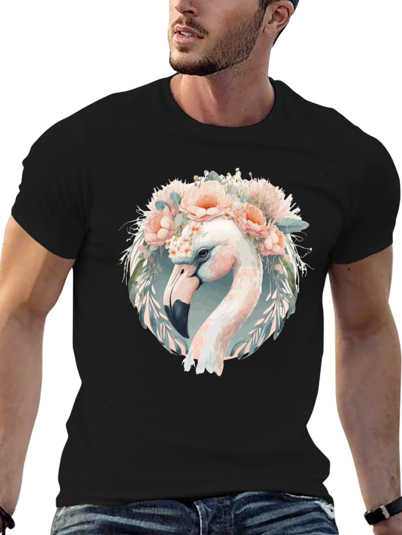 Black Floral Flamingo Graphic Tee - Black Cotton T-Shirt view 6