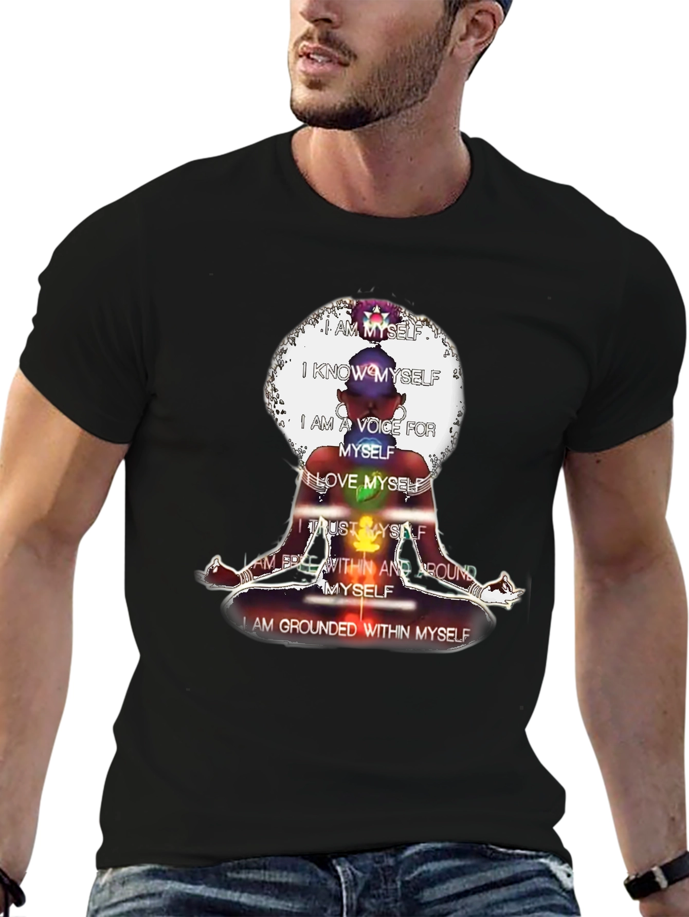 Black Affirmation T-Shirt - Chakra Meditation Design view 6