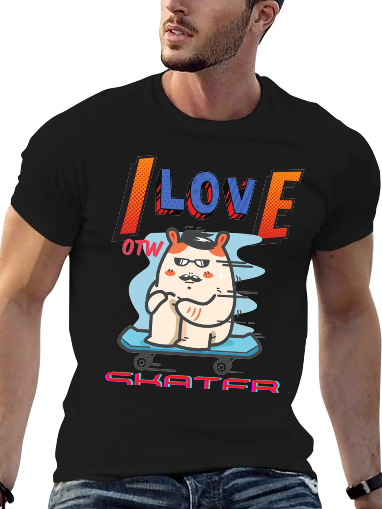 Black I Love OTW Skater T-Shirt - Funny Graphic Tee view 6