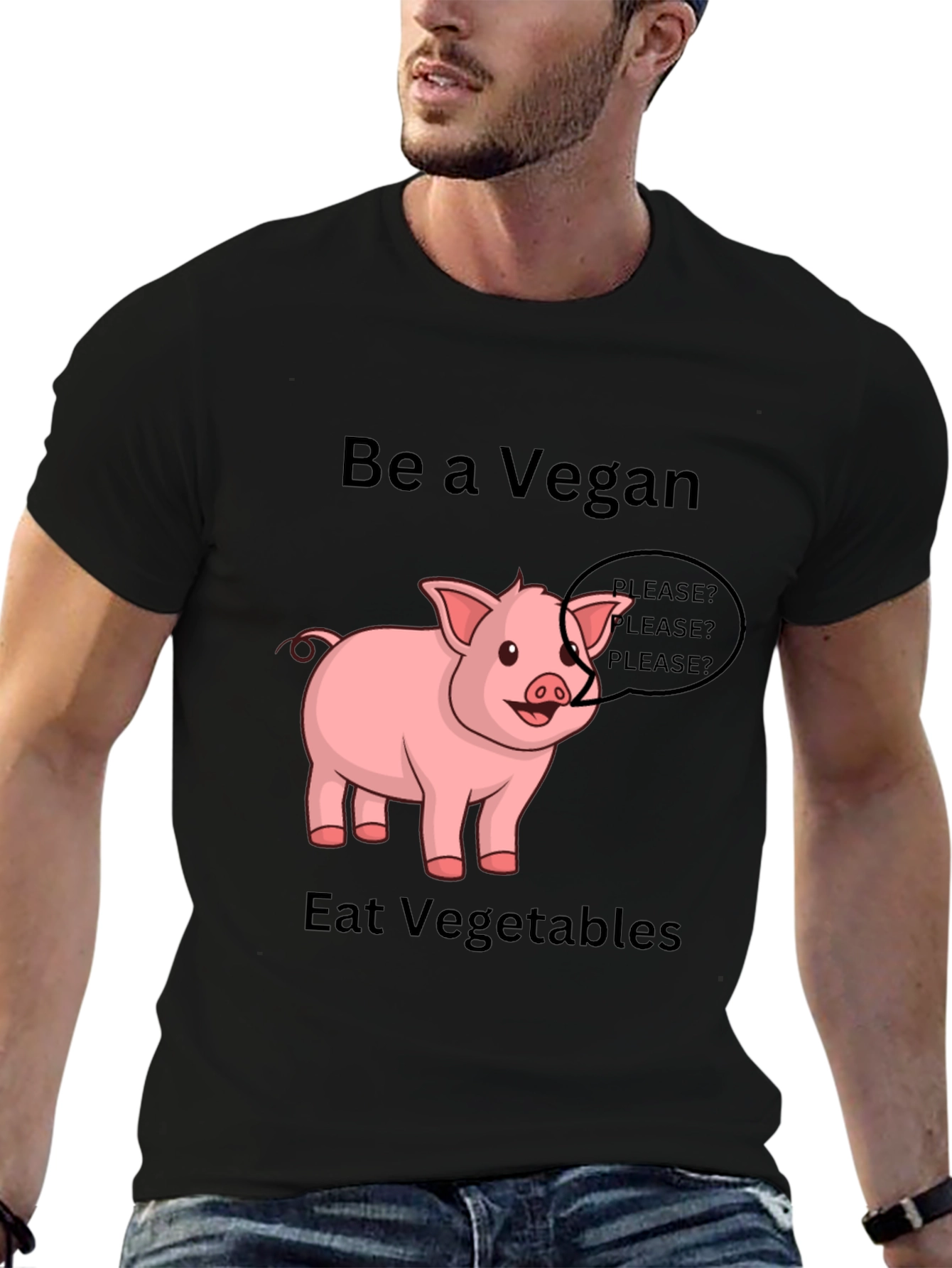 Black Vegan Pig Graphic Tee - Eat Vegetables view 6