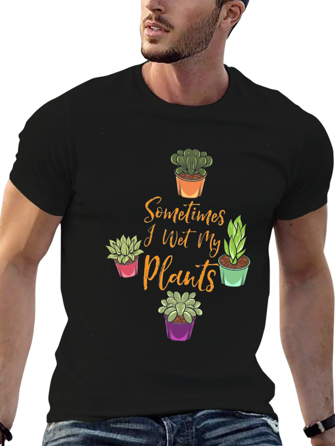 Black Funny Plant Lover T-Shirt - Sometimes I Wet My Plants view 6