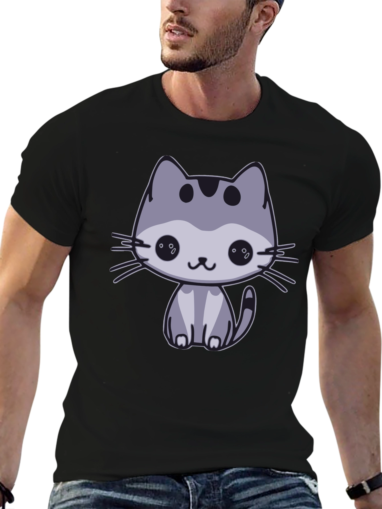 Black Cute Cat Graphic Black T-Shirt view 6