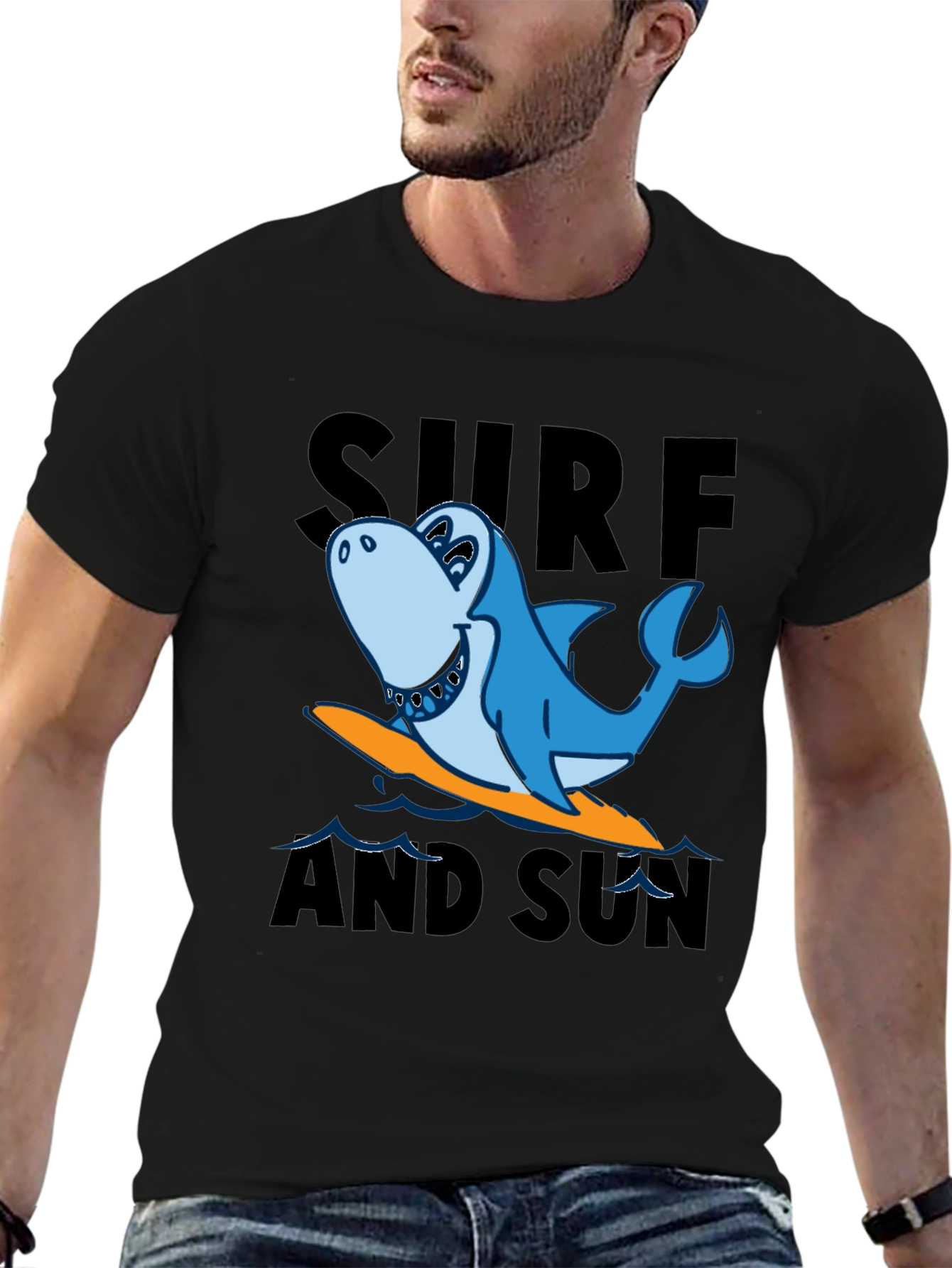 Black Surf & Sun Shark T-Shirt - Black Cotton Tee view 6