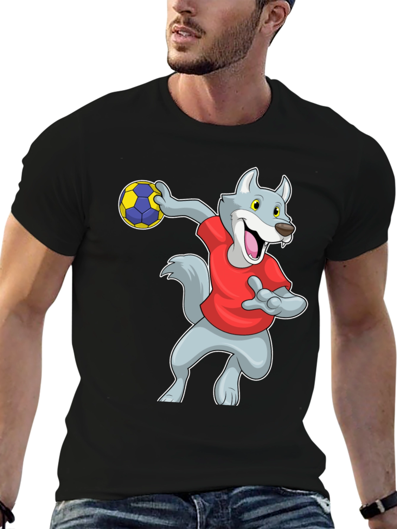 Black Wolf Handball Player Graphic T-Shirt view 6