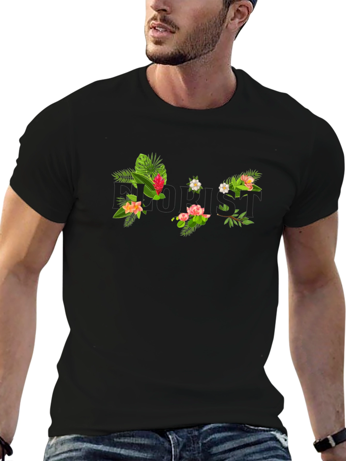 Black Tropical Floral Print Black T-Shirt view 6
