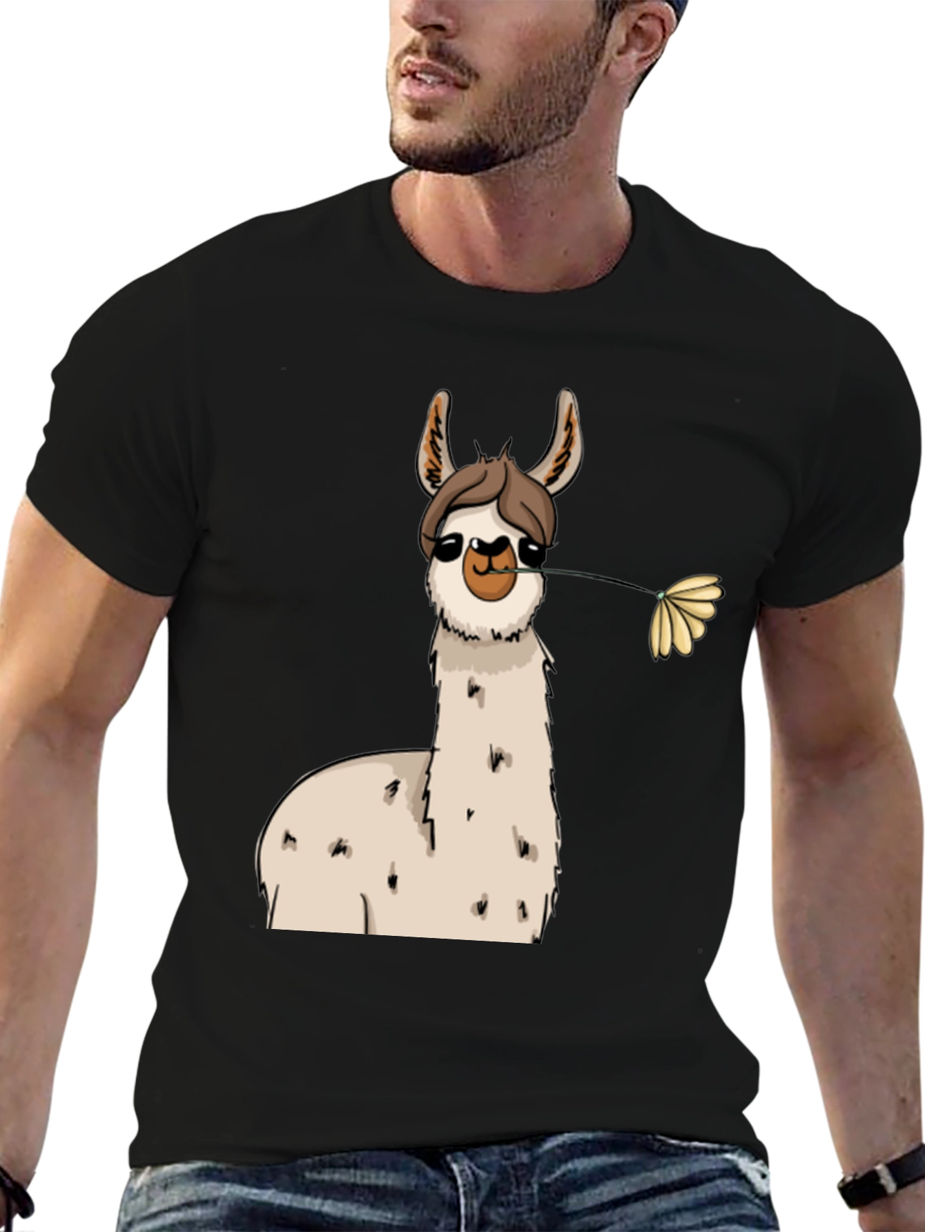 Black Llama with Flower Black T-Shirt view 6