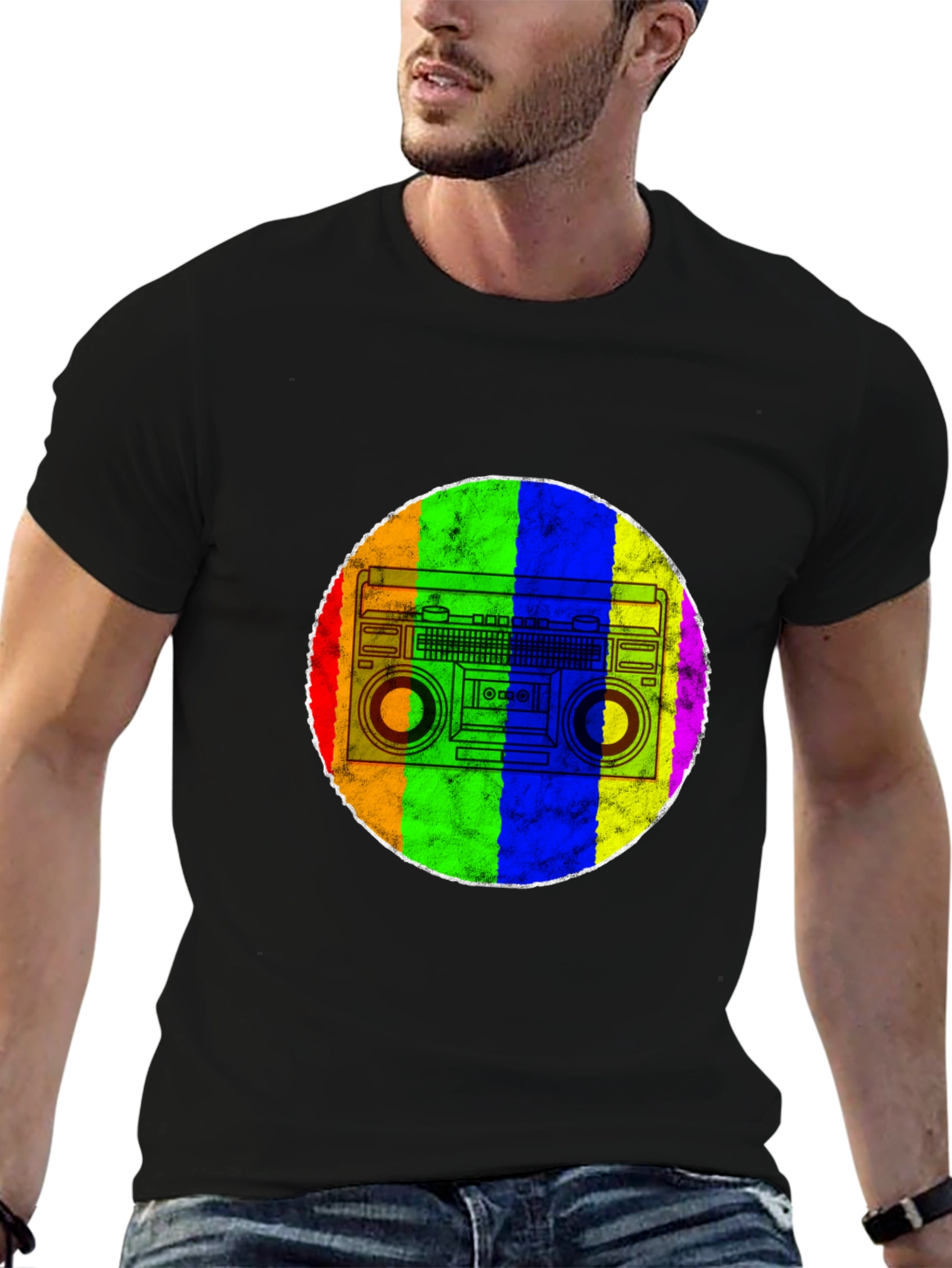 Black Retro Rainbow Boombox T-Shirt view 6