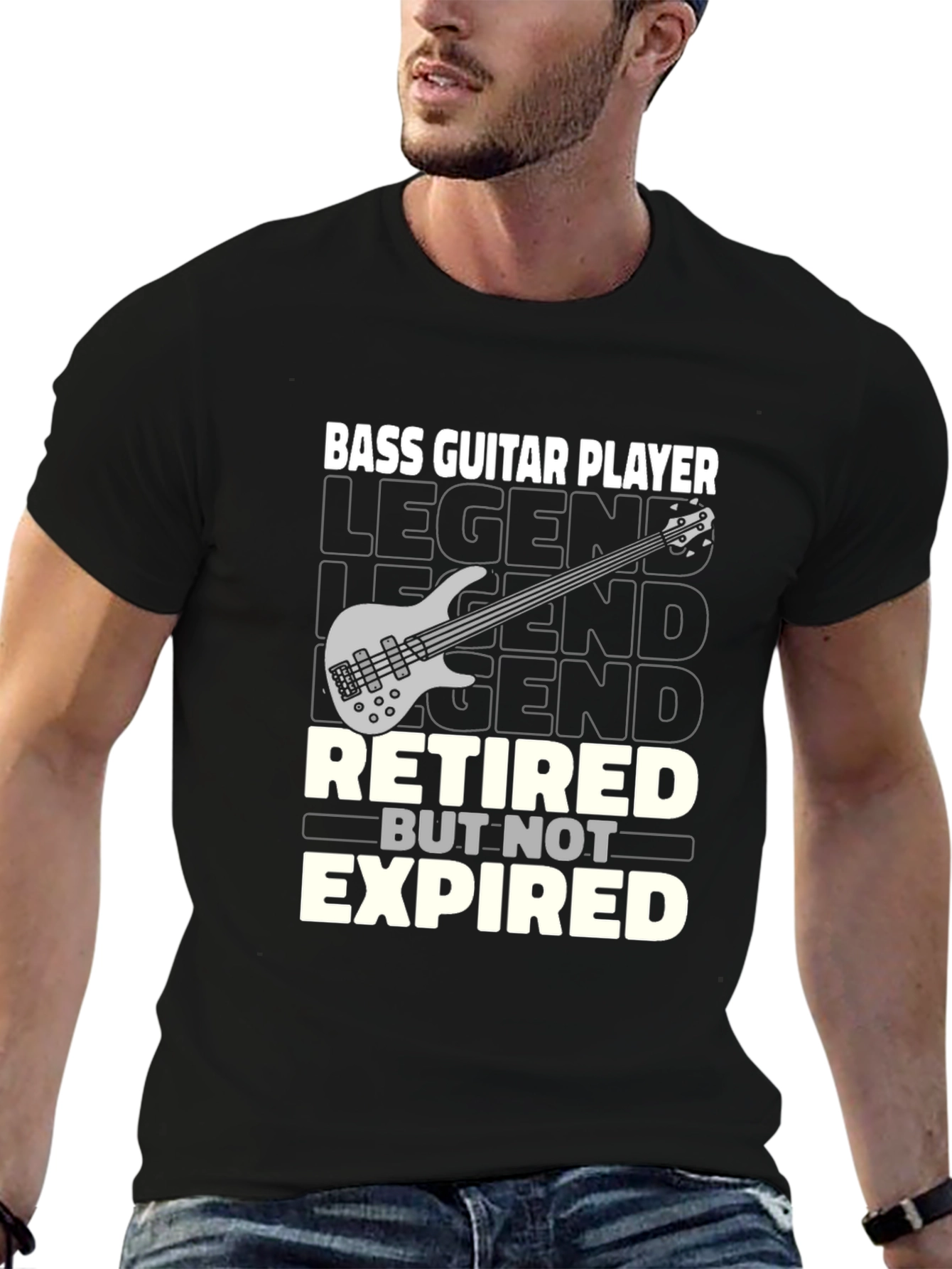 Black Retired Bass Guitar Player Graphic T-Shirt view 6