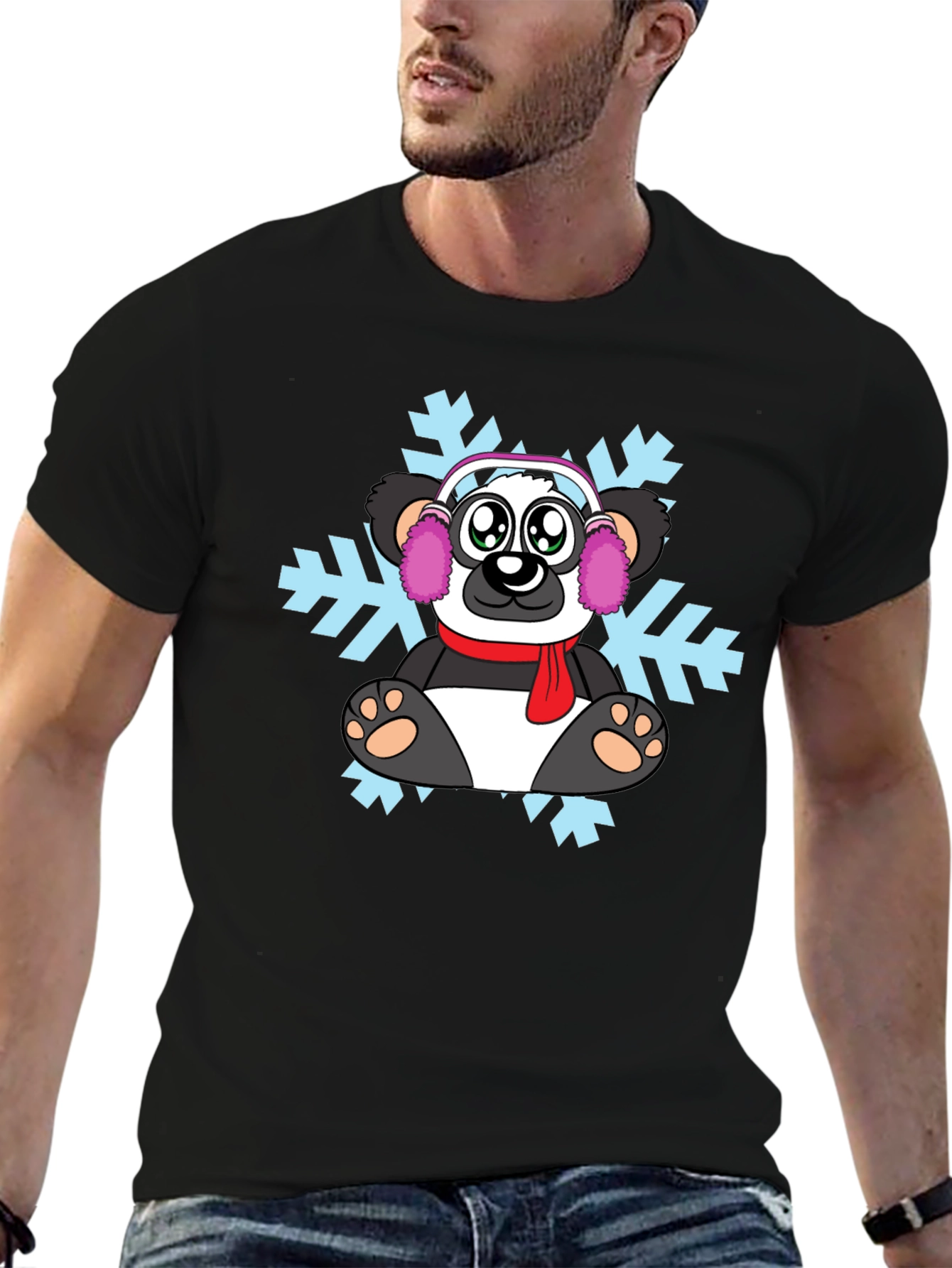 Black Cute Winter Panda T-Shirt - Snowflake Design view 6