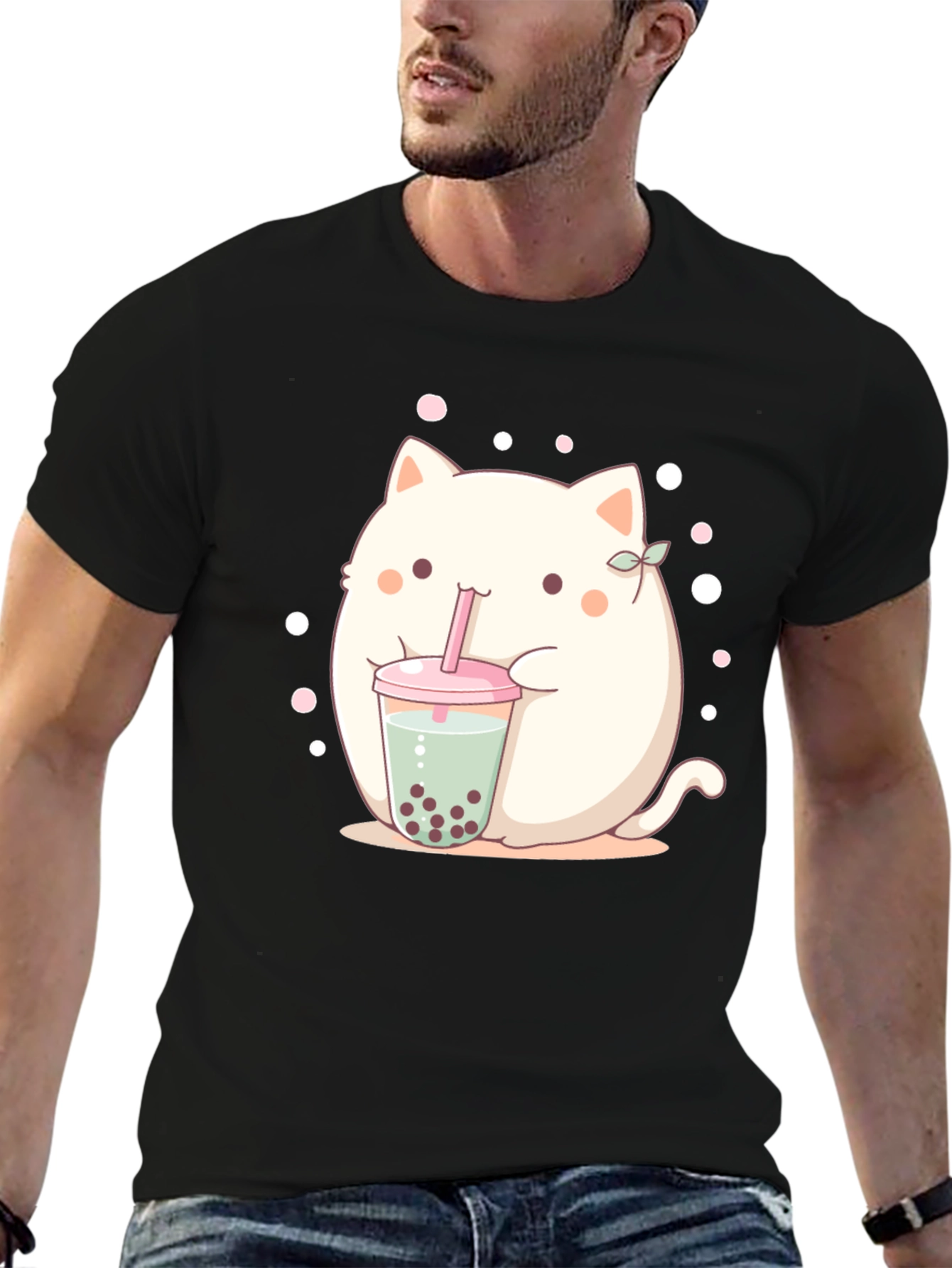 Black Cute Boba Cat T-Shirt - Kawaii Style view 6