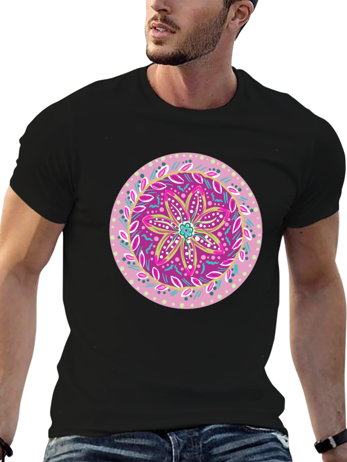 Black Floral Mandala Graphic Tee - Casual Black T-Shirt view 6