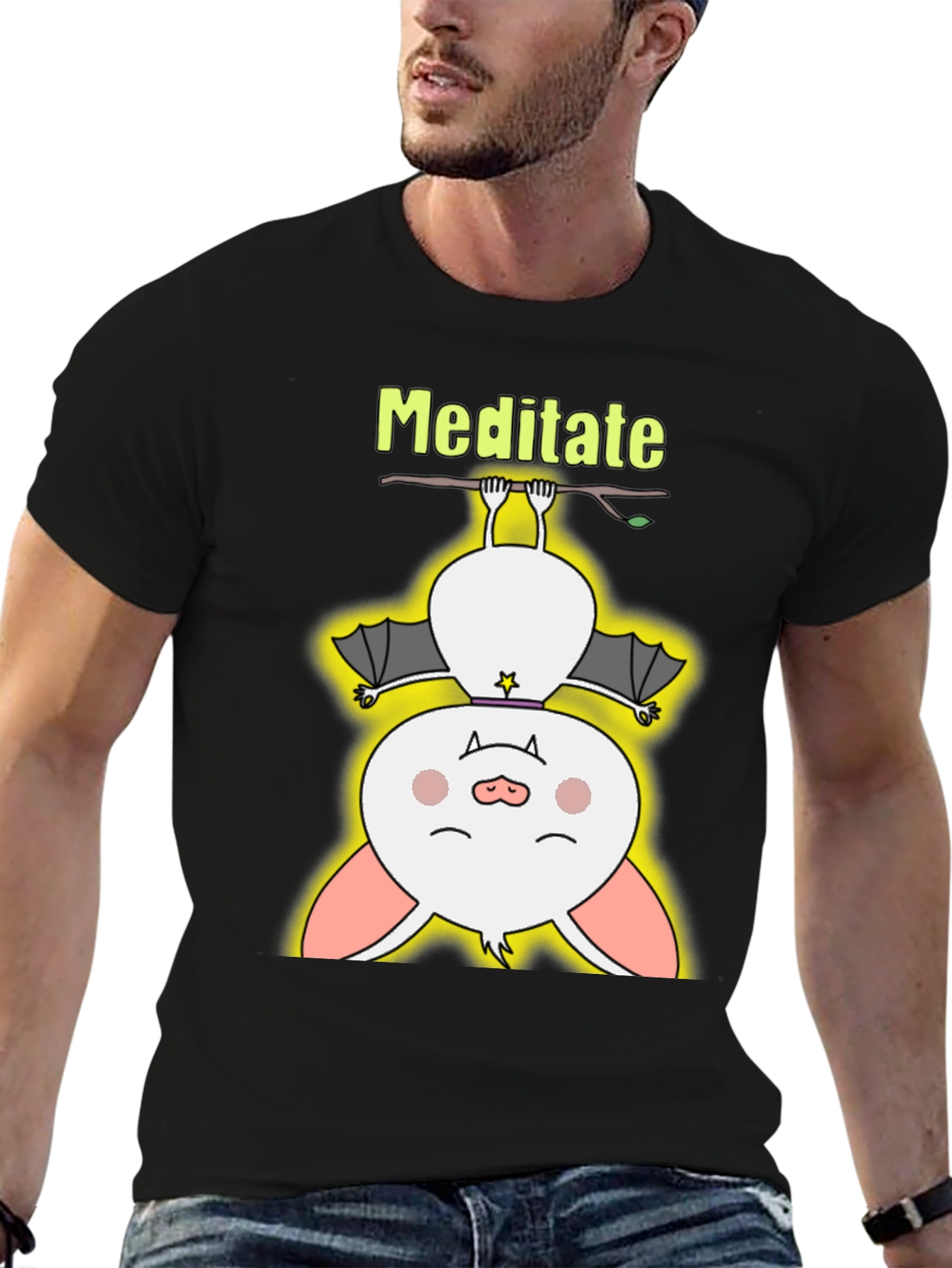 Black Meditate Bat Tee - Cute Yoga T-Shirt view 6