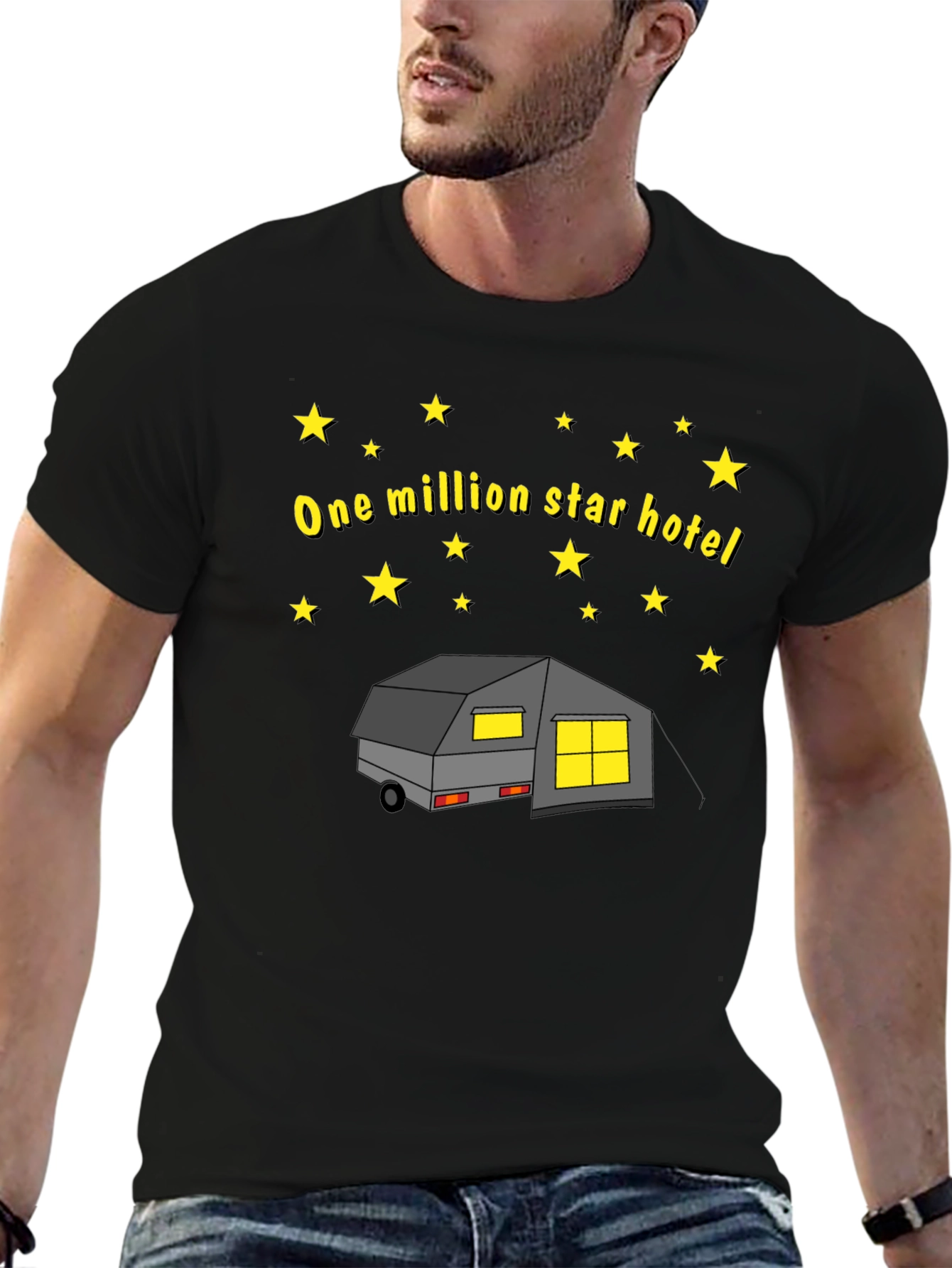 Black One Million Star Hotel Camping T-Shirt view 6