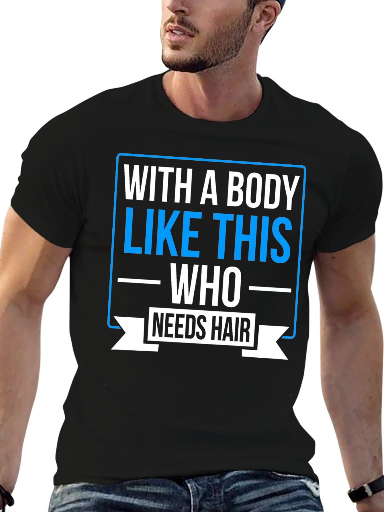 Black Humorous Baldness T-Shirt: "Who Needs Hair?" view 6
