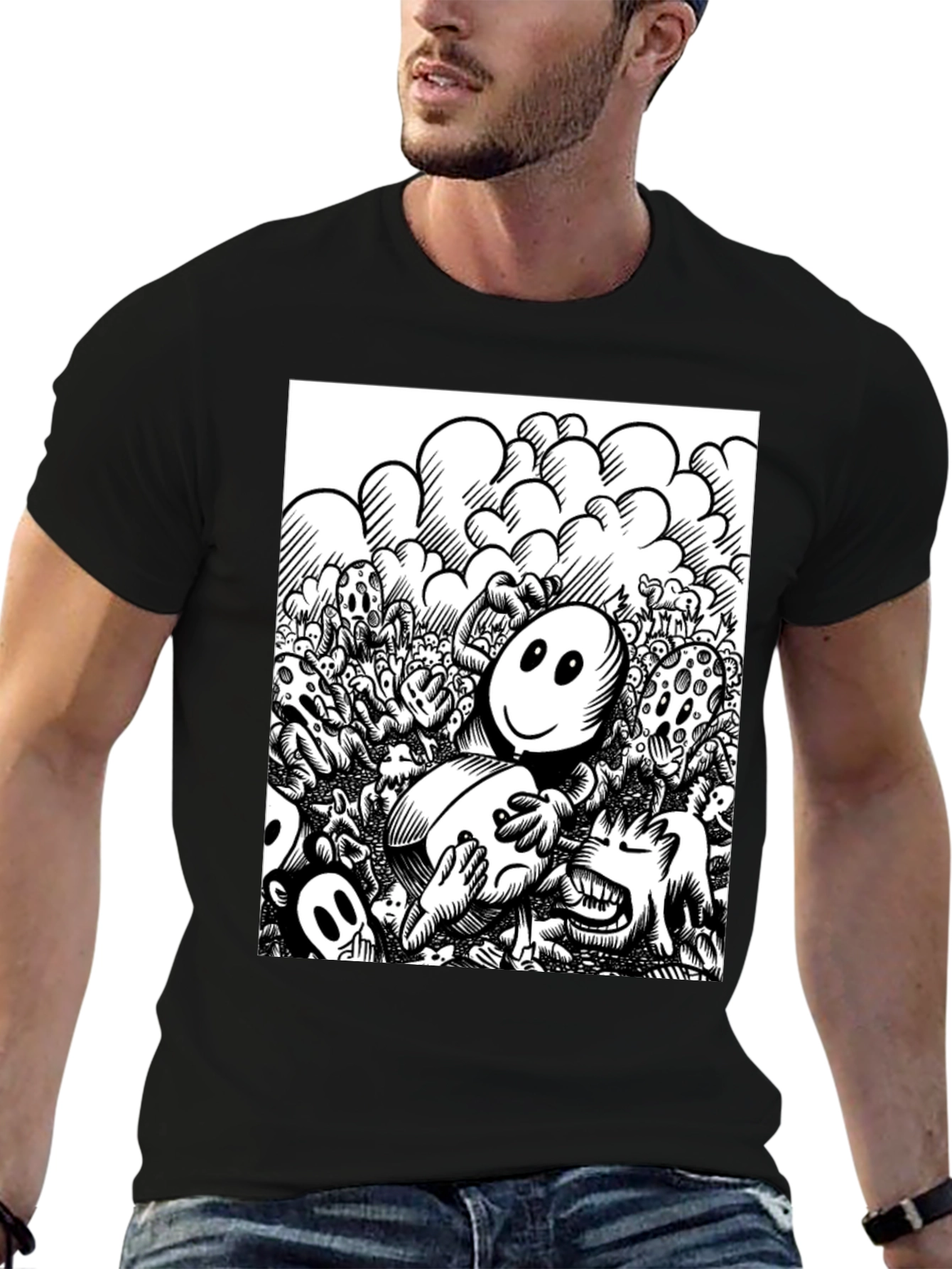 Black Unique Cartoon Print Black Tee view 6