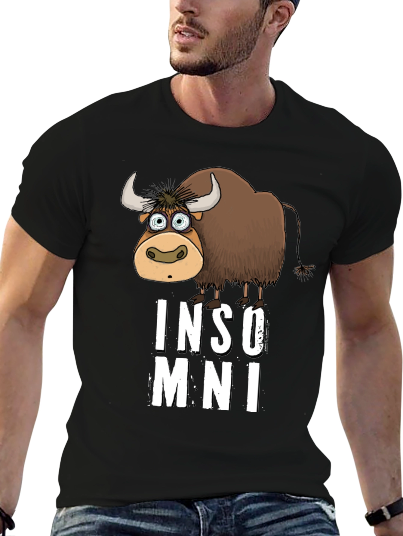 Black Funny Insomniac Yak Black T-Shirt view 6