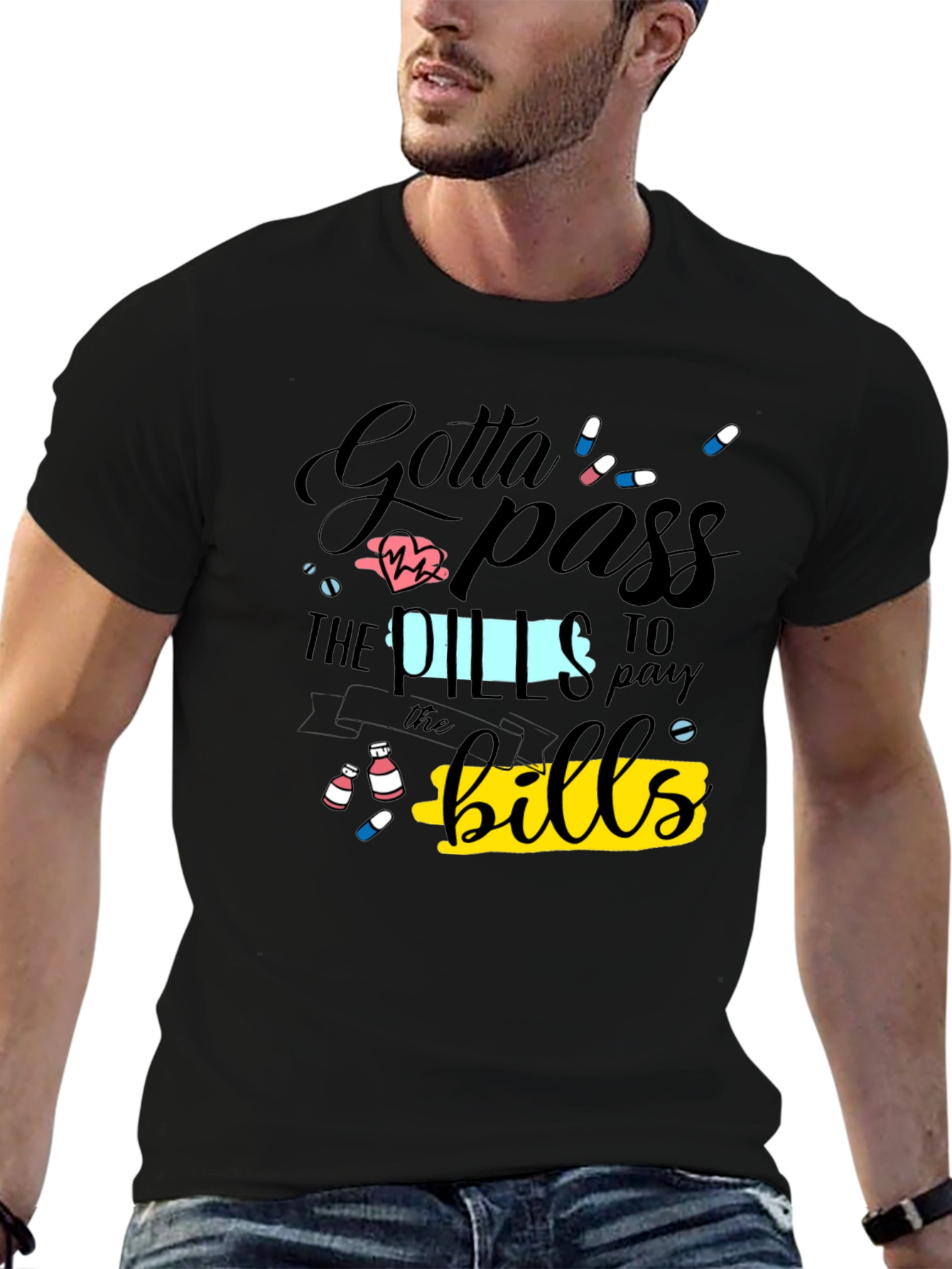 Black Gotta Pass the Pills Funny Graphic T-Shirt view 6