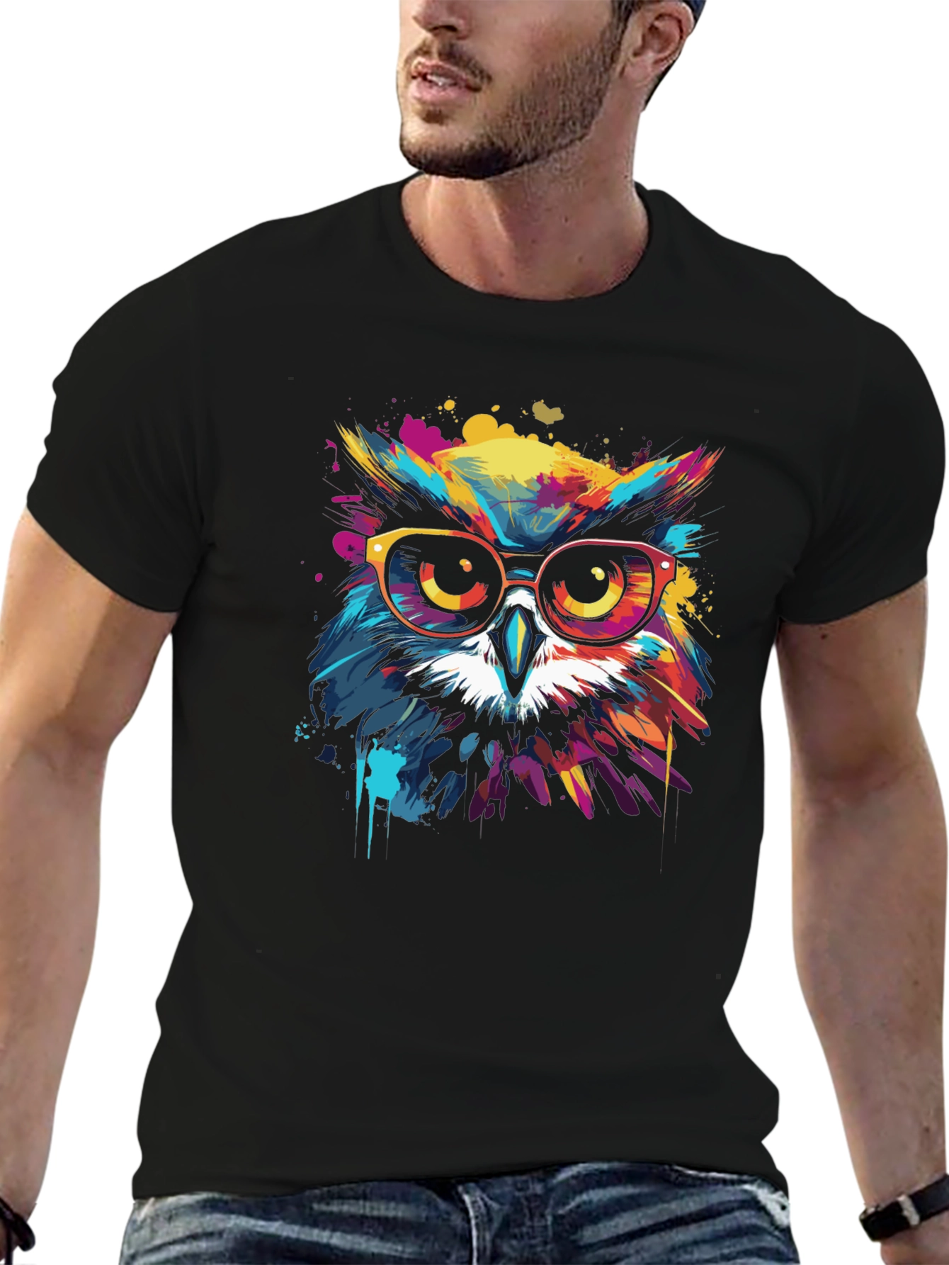 Black Cool Owl Graphic Tee - Vibrant Colors view 6