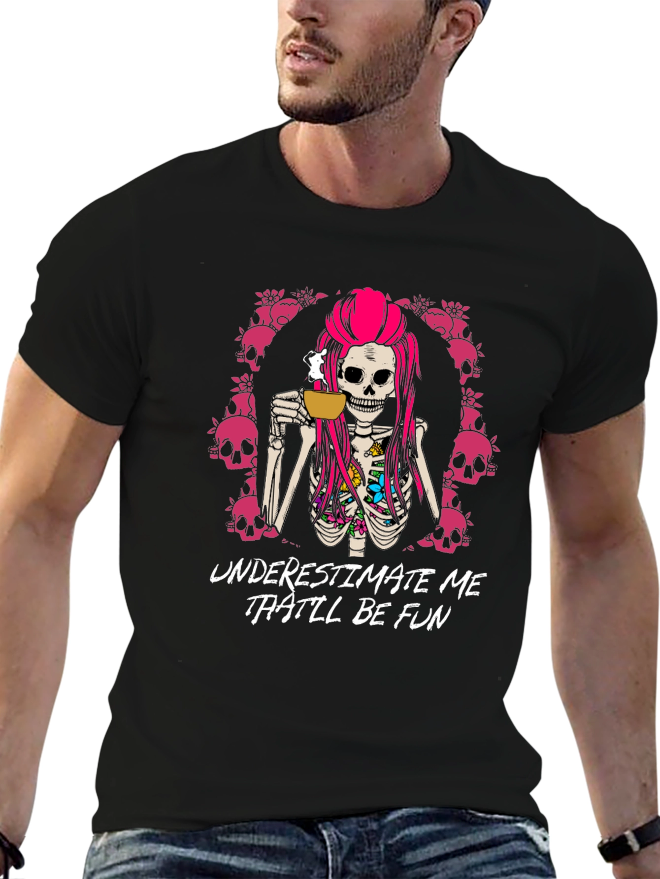 Black Underestimate Me That'll Be Fun T-Shirt - Skull Coffee view 6