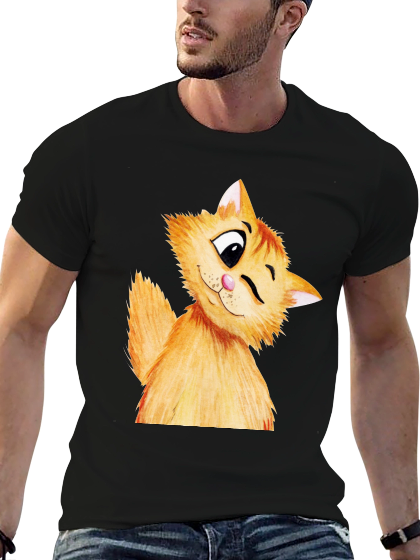 Black Winking Cat Graphic Tee - Soft Cotton Black T-Shirt view 6