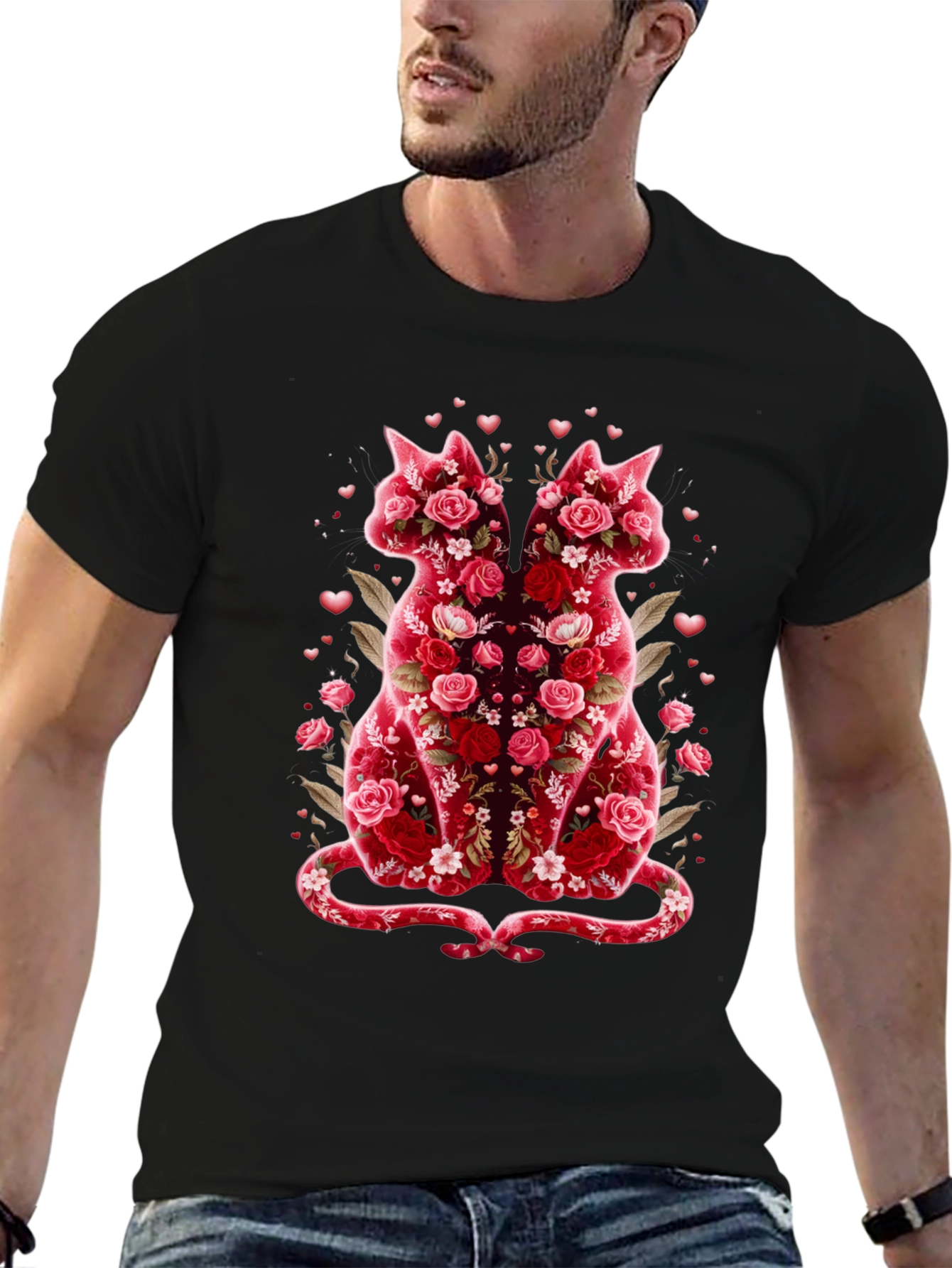 Black Floral Cat Lover T-Shirt - Valentine's Day Edition view 6