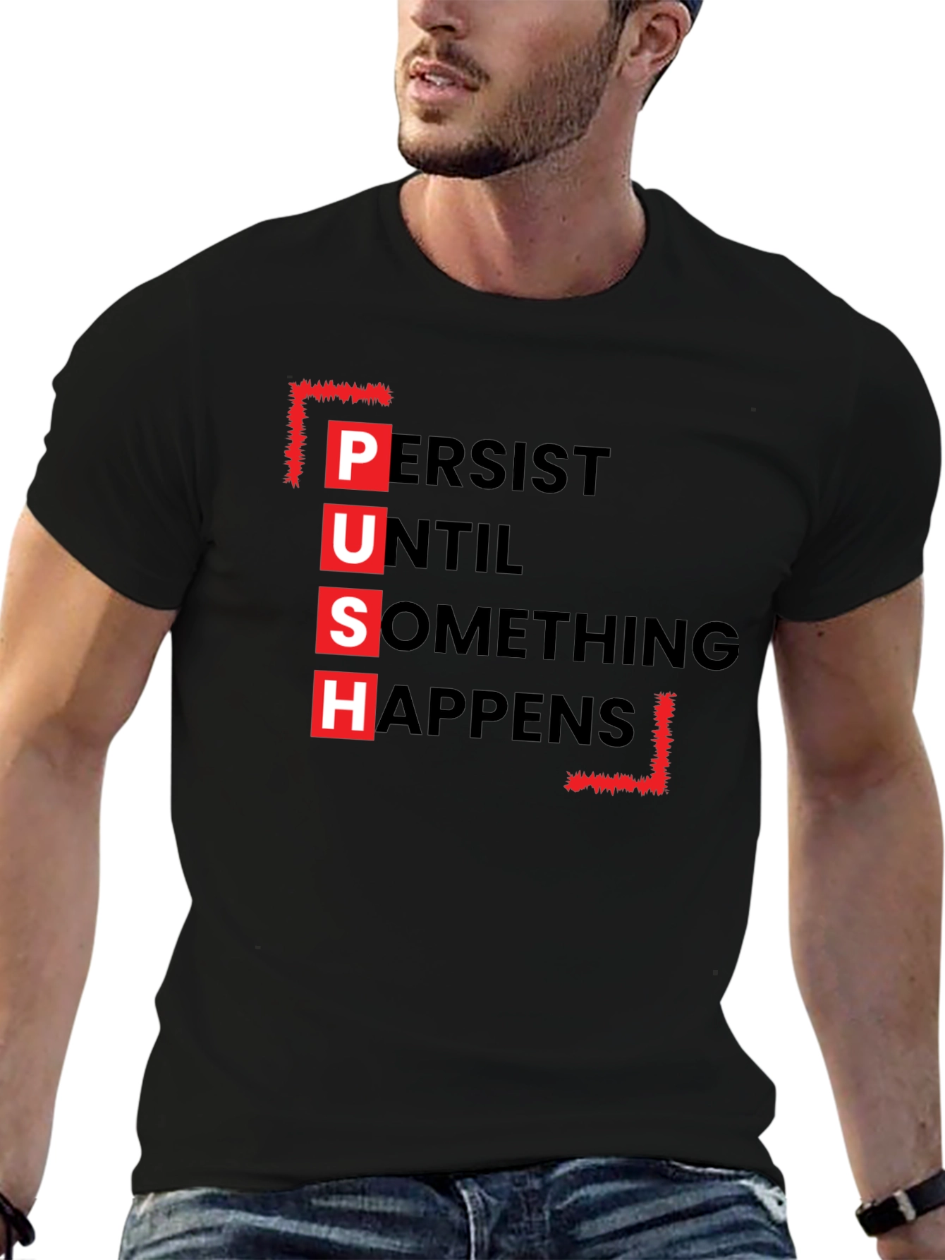 Black PUSH Graphic Tee - Motivational Black T-Shirt view 6