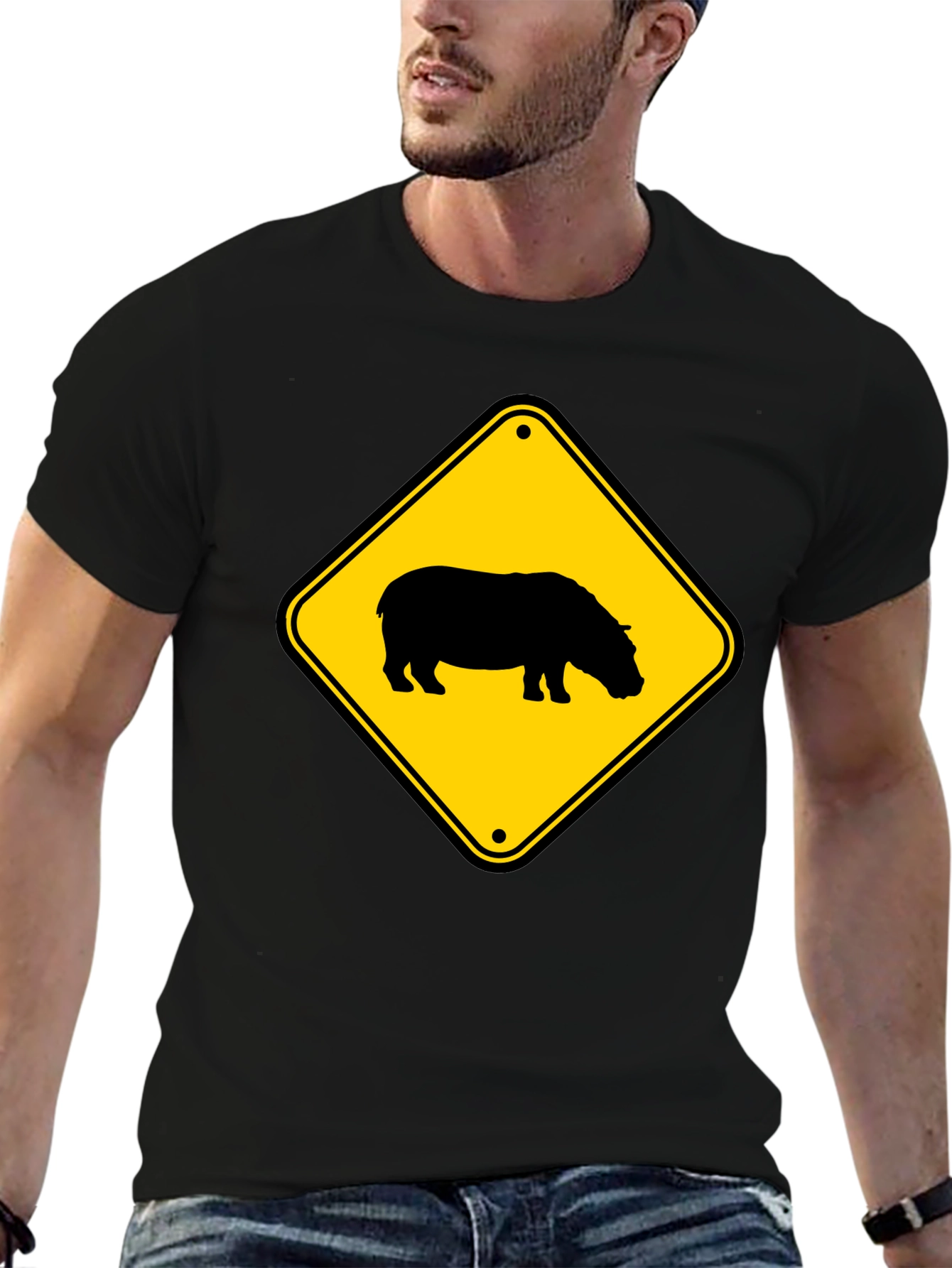 Black Hippo Crossing Sign Black T-Shirt view 6