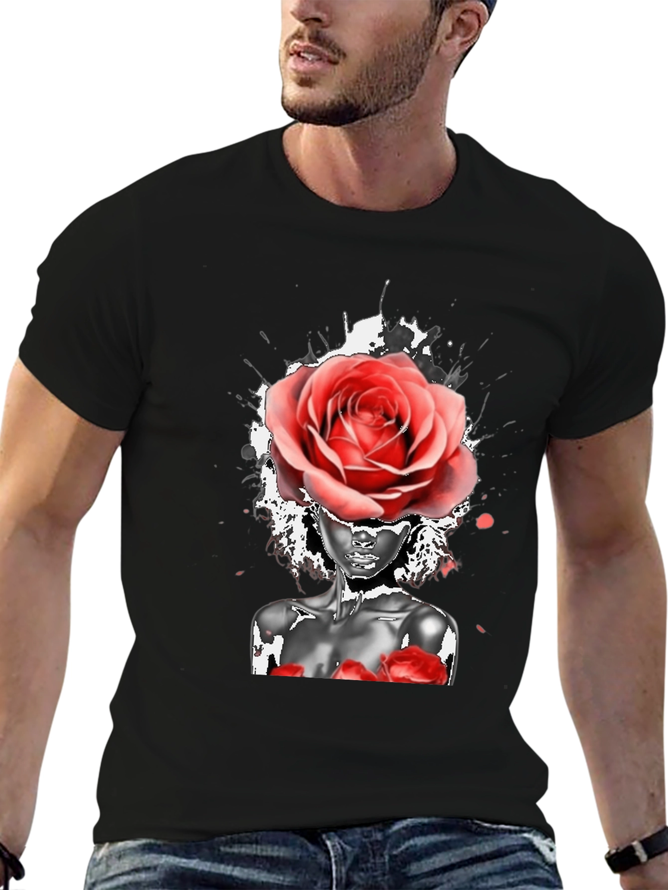 Black Rose Head Woman Graphic Black T-Shirt view 6
