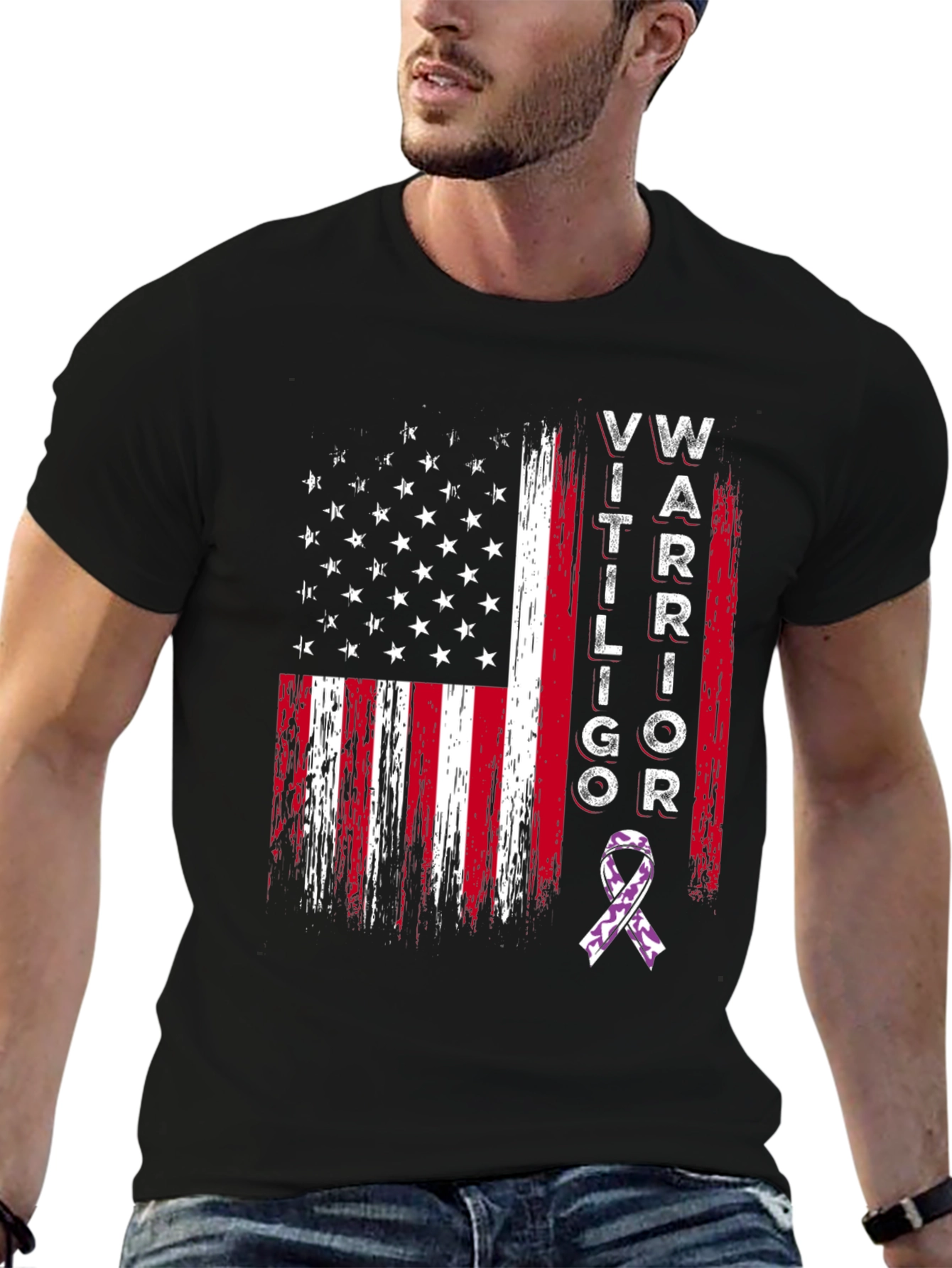 Black Vitiligo Warrior American Flag Graphic T-Shirt view 6