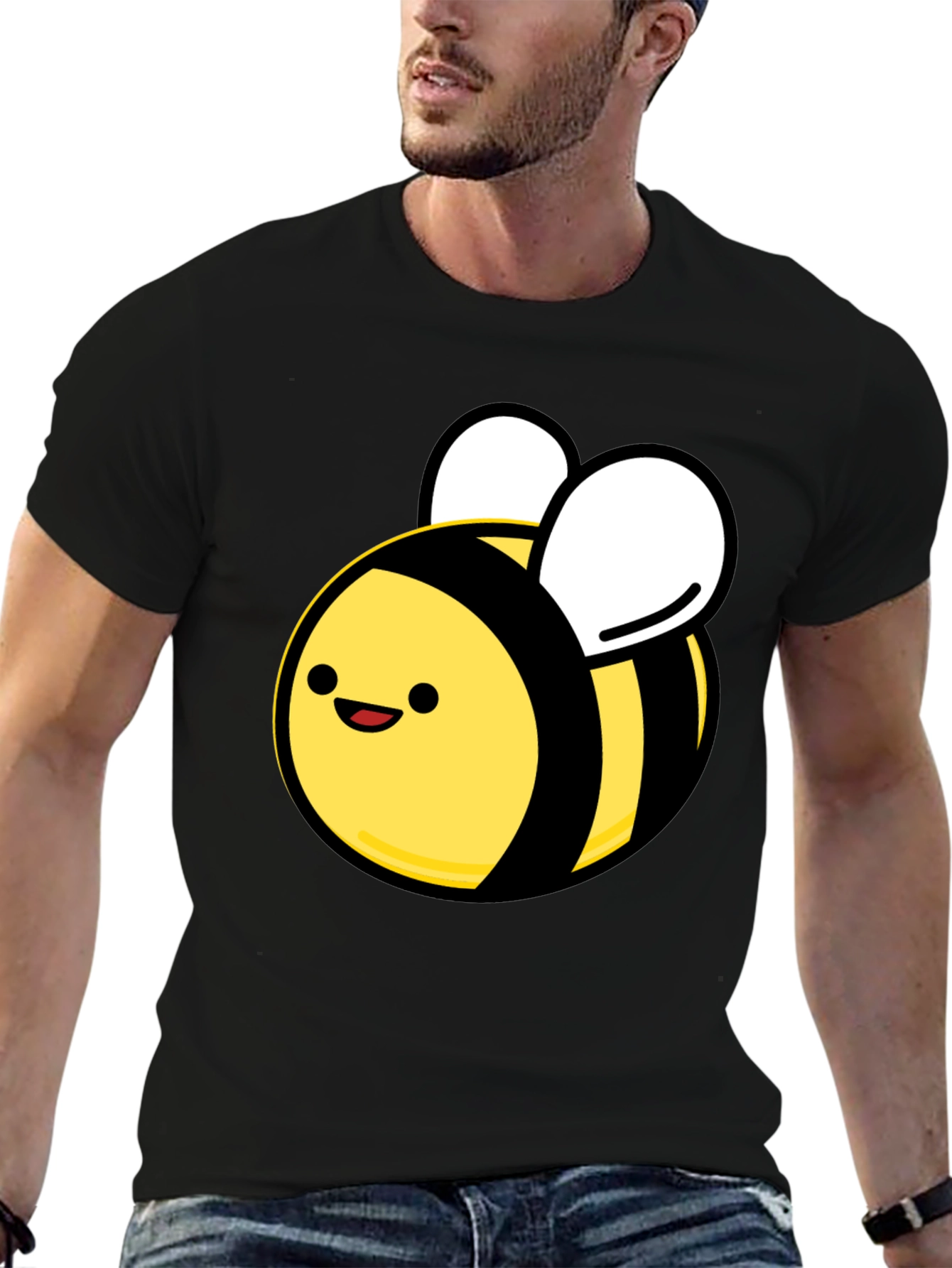 Black Cute Cartoon Bee Black T-Shirt - Unisex Crew Neck view 6
