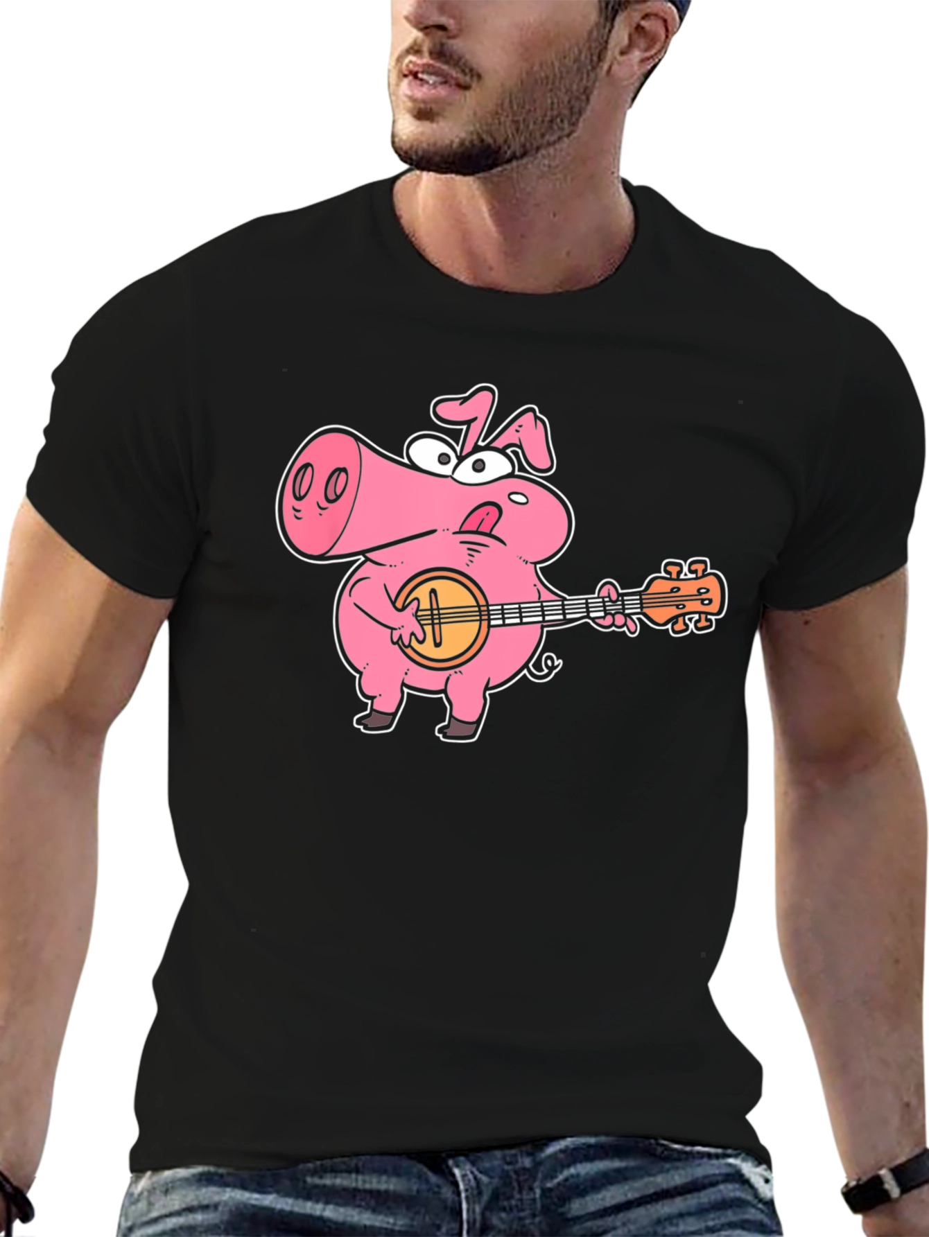 Black Pig Playing Banjo Graphic T-Shirt - Black Cotton Tee view 6