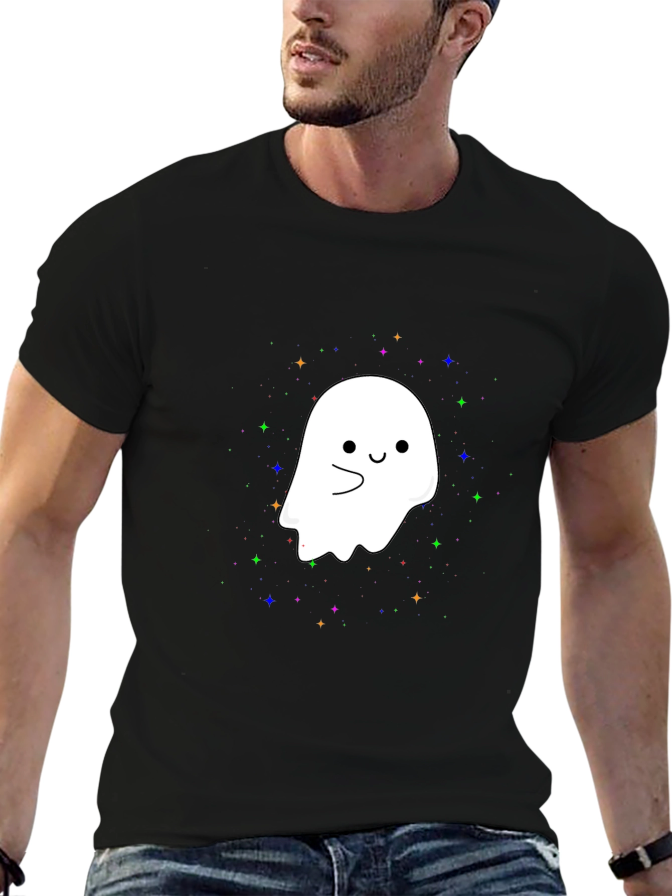 Black Cute Ghost Graphic Tee - Halloween Spooky Season T-Shirt view 6