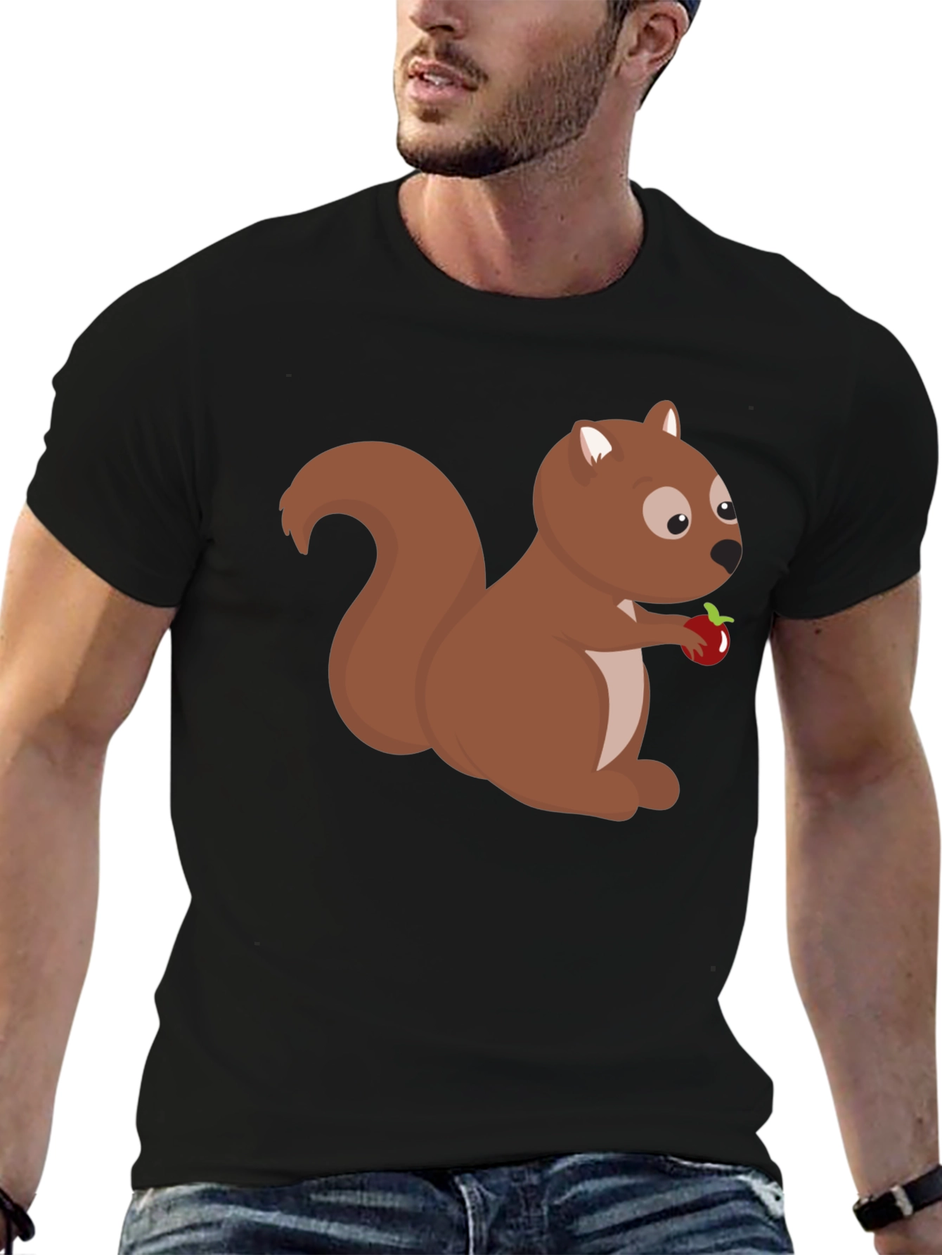 Black Squirrel Holding Apple Black T-Shirt view 6