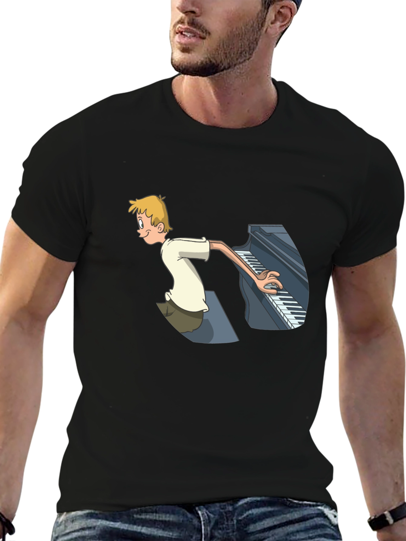 Black Piano Player Cartoon Graphic T-Shirt - Unique Design view 6